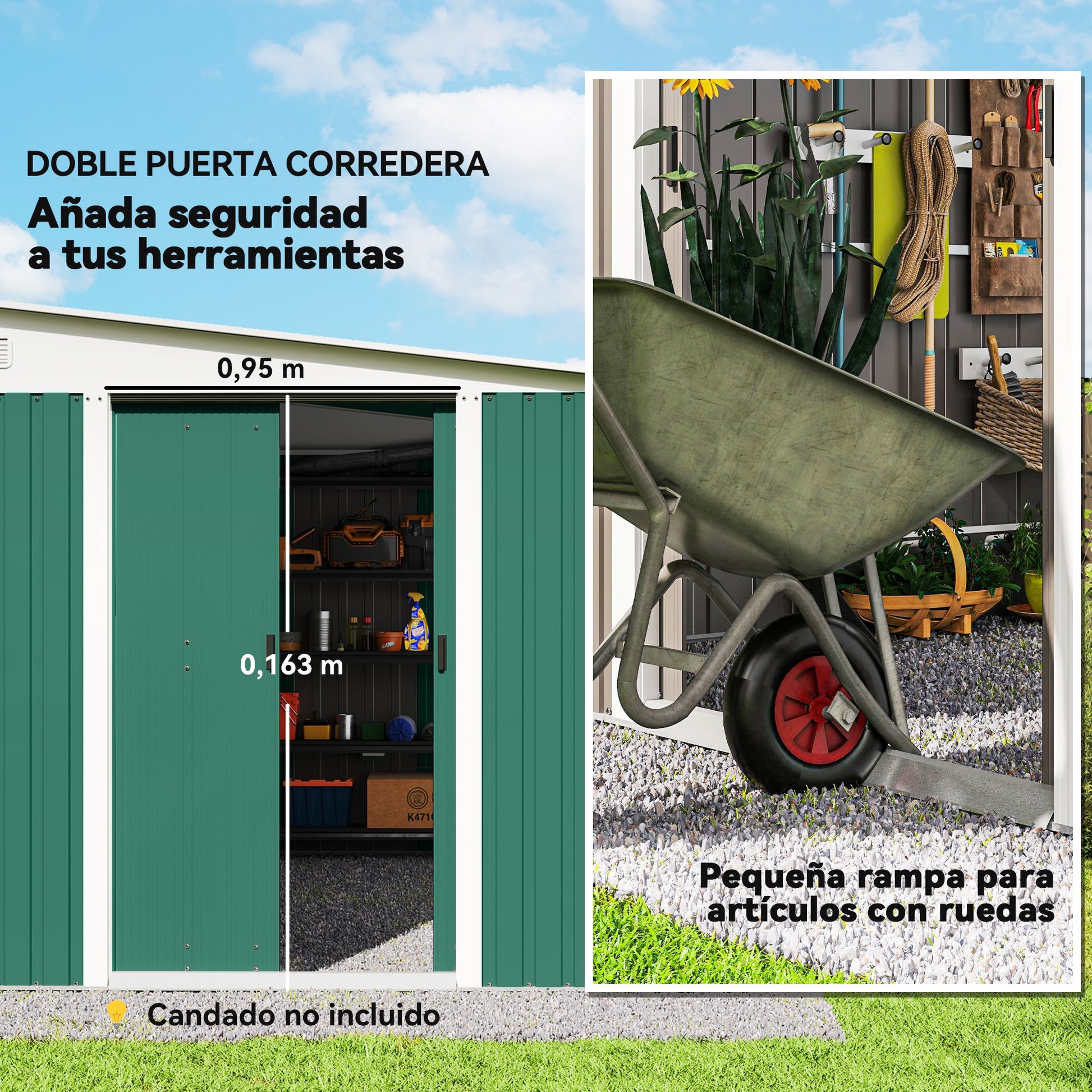 Outsunny Cobertizo de Jardín Exterior 8,9 m² 280x345x201 cm Caseta de Jardín Exterior Metálica con 2 Puertas Corredizas y 2 Ventanas para Almacenamiento de Herramientas Verde