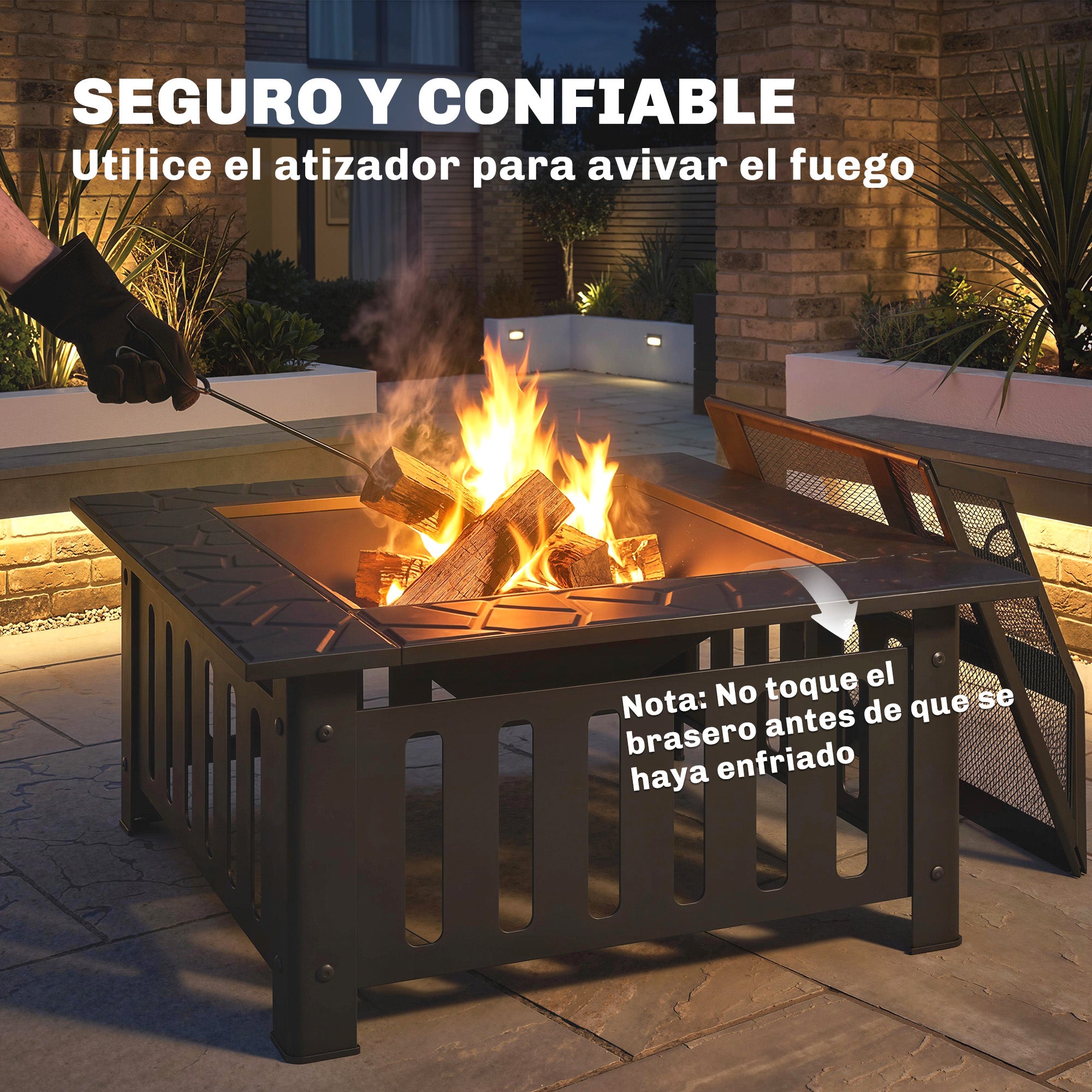 Outsunny Brasero Exterior de Acero Cuadrado, 67x67x47 cm, Brasero Exterior Jardín con Atizador, Tapa de Malla, para Terraza, Camping, Fiesta, Negro