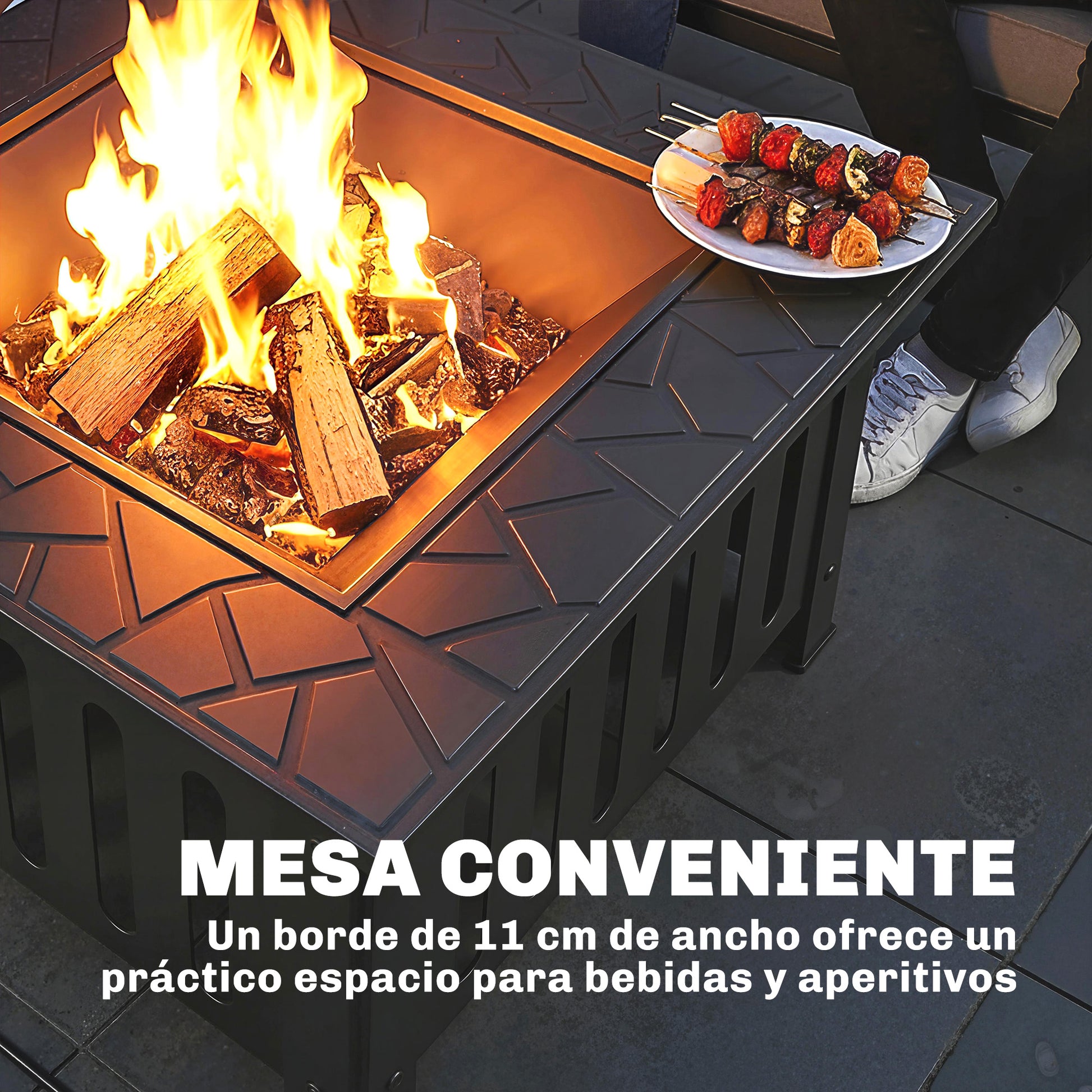 Outsunny Brasero Exterior de Acero Cuadrado, 67x67x47 cm, Brasero Exterior Jardín con Atizador, Tapa de Malla, para Terraza, Camping, Fiesta, Negro