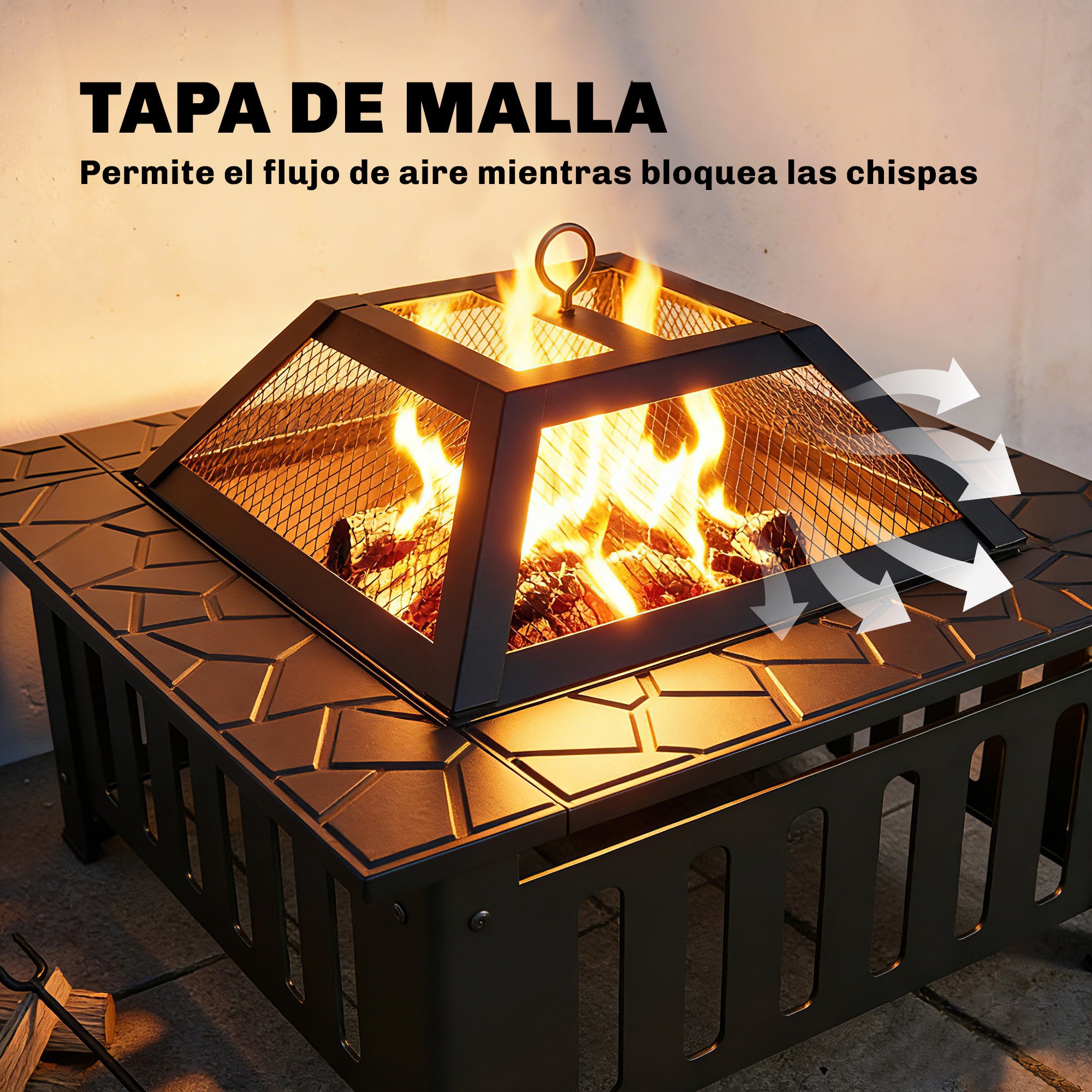 Outsunny Brasero Exterior de Acero Cuadrado, 67x67x47 cm, Brasero Exterior Jardín con Atizador, Tapa de Malla, para Terraza, Camping, Fiesta, Negro