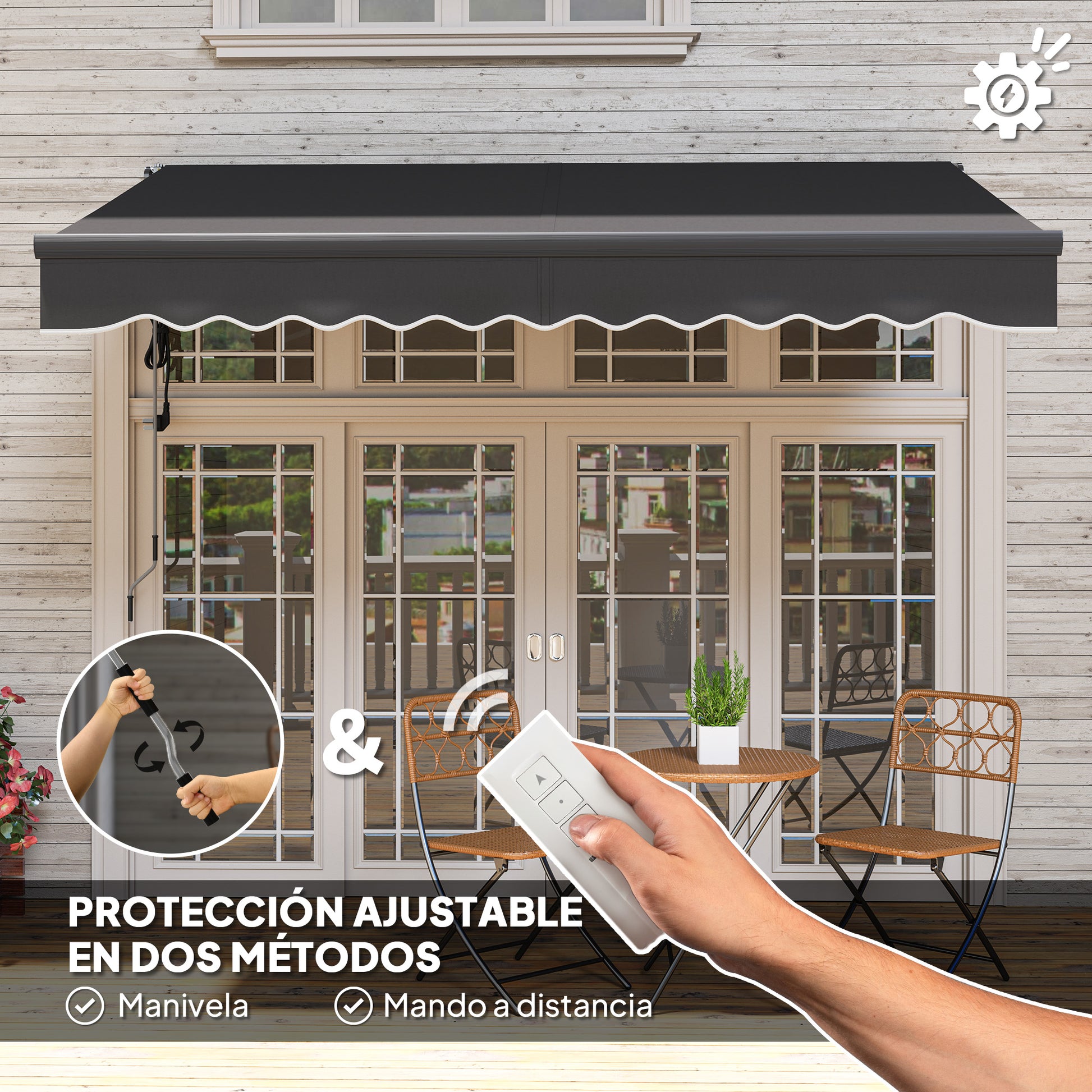 Outsunny Toldo Eléctrico Retráctil y Manual con Mando a Distancia 3x2,5 m Toldo de Exterior Terraza Enrollable con Manivela Marco de Aluminio y Protección UV30+ para Jardín Puerta Ventana Gris