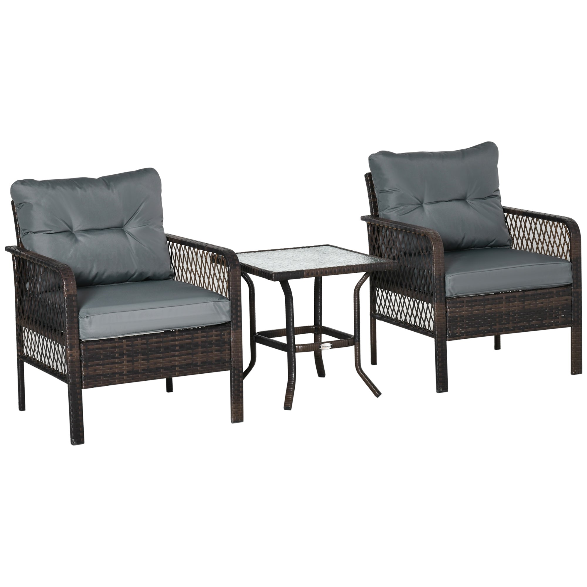 Outsunny Conjunto de Muebles de Ratán Juego de 3 Piezas de Jardín 2 Sillones 65x66x75 cm y Mesa de Vidrio Templado 50x50x50 cm con Cojines Acolchados para Terraza Patio Marrón y Gris