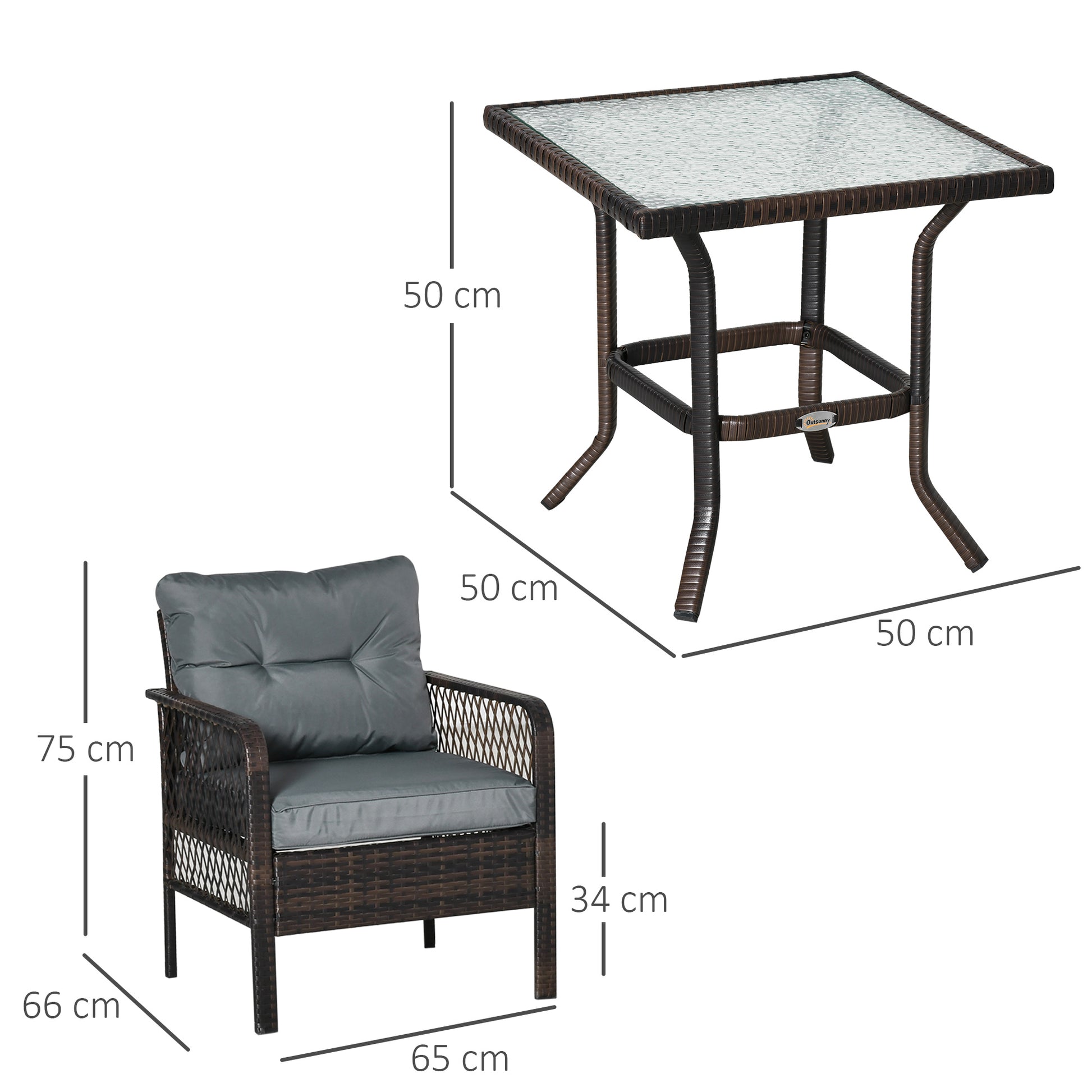 Outsunny Conjunto de Muebles de Ratán Juego de 3 Piezas de Jardín 2 Sillones 65x66x75 cm y Mesa de Vidrio Templado 50x50x50 cm con Cojines Acolchados para Terraza Patio Marrón y Gris