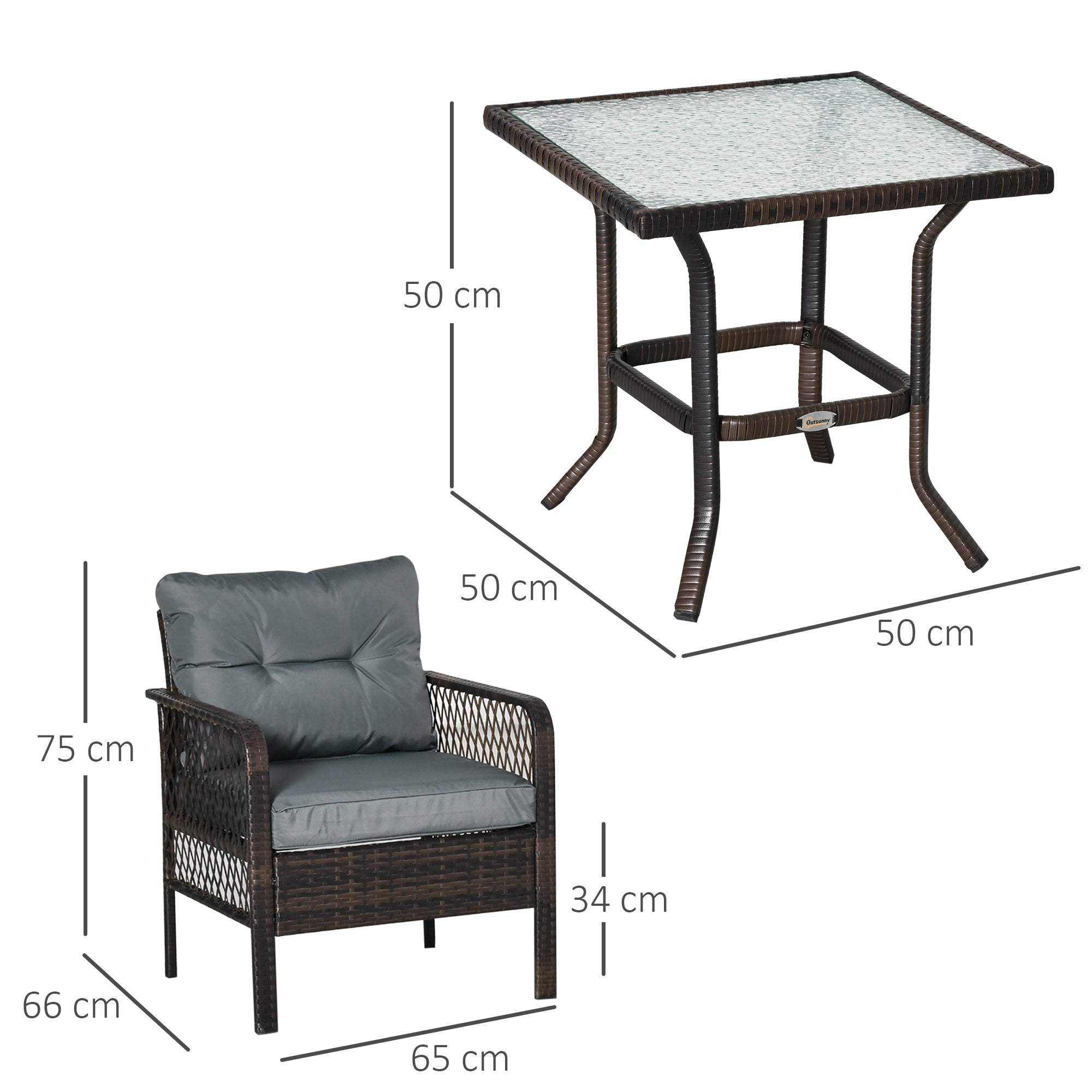 Outsunny Conjunto de Muebles de Ratán Juego de 3 Piezas de Jardín 2 Sillones 65x66x75 cm y Mesa de Vidrio Templado 50x50x50 cm con Cojines Acolchados para Terraza Patio Marrón y Gris