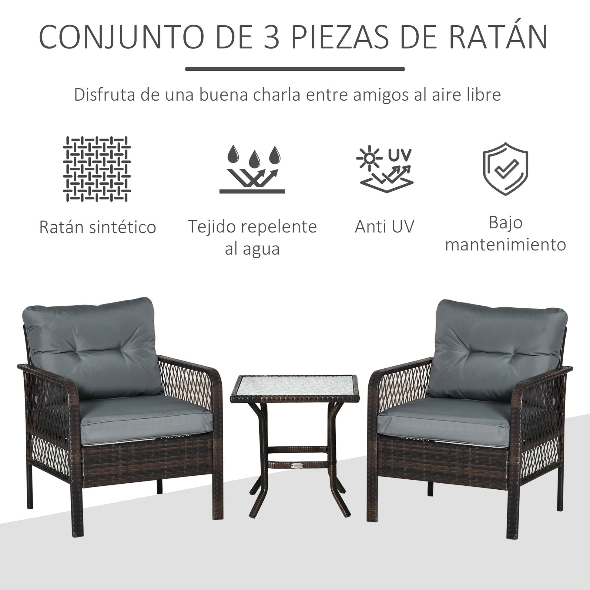 Outsunny Conjunto de Muebles de Ratán Juego de 3 Piezas de Jardín 2 Sillones 65x66x75 cm y Mesa de Vidrio Templado 50x50x50 cm con Cojines Acolchados para Terraza Patio Marrón y Gris