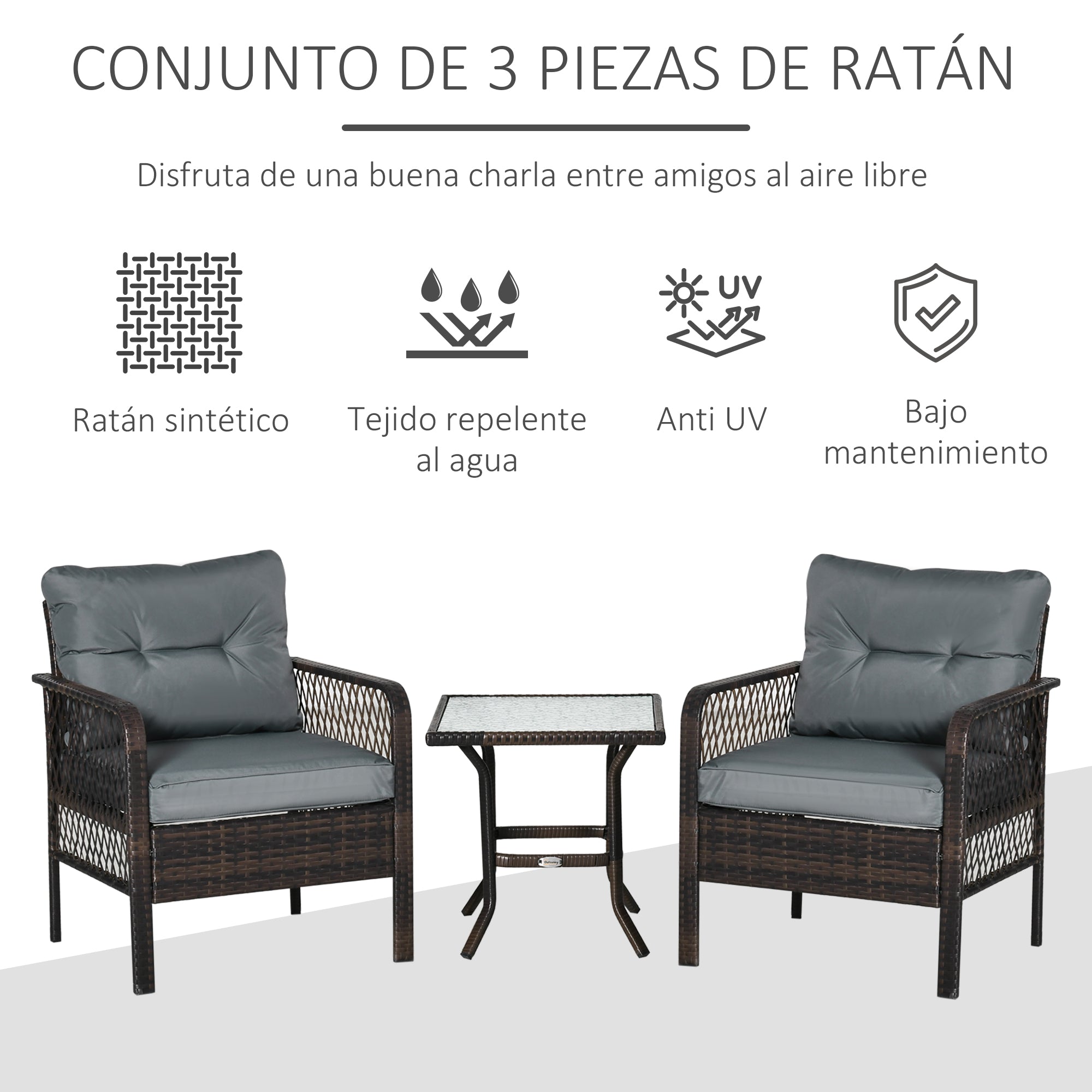 Outsunny Conjunto de Muebles de Ratán Juego de 3 Piezas de Jardín 2 Sillones 65x66x75 cm y Mesa de Vidrio Templado 50x50x50 cm con Cojines Acolchados para Terraza Patio Marrón y Gris