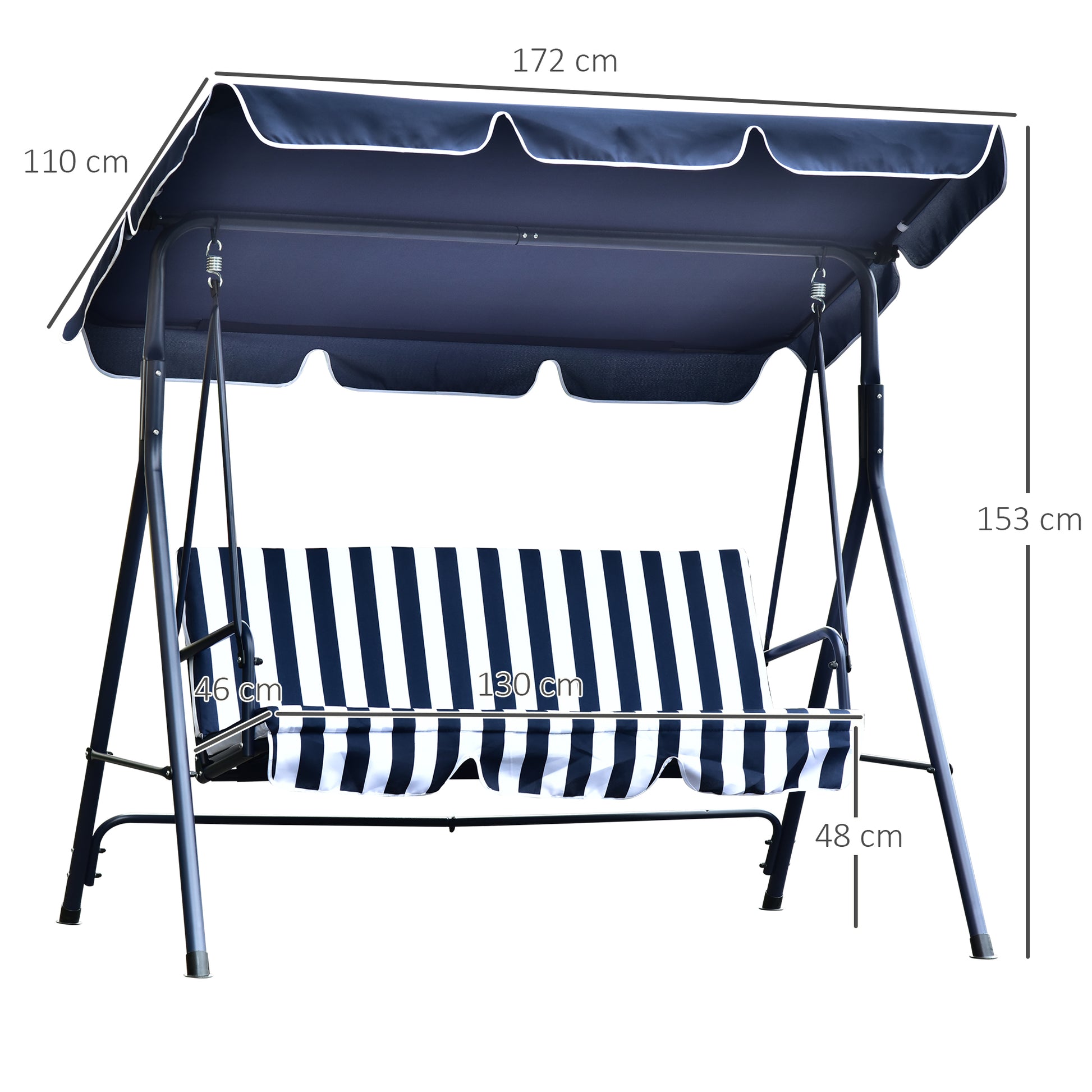 Outsunny Columpio de Jardín de 3 Plazas Silla Balancín con Parasol Techo Ajustable en Ángulo Impermeable para Exterior Terraza Balcón Carga Máx. 200 kg Acero 172x110x153 cm Raya Azul