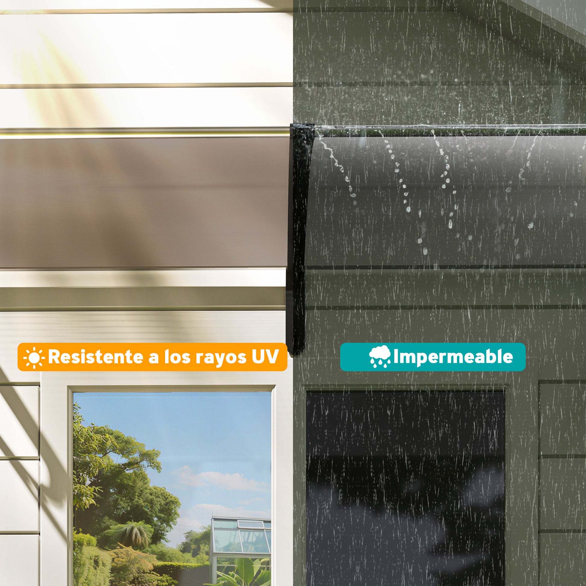 Outsunny Marquesinas Exterior para Puertas y Ventanas, 195x75 cm, Tejadillo de Protección contra Sol y Lluvia, con Cubierta de Policarbonato, Soporte de Aleación de Aluminio, Marrón