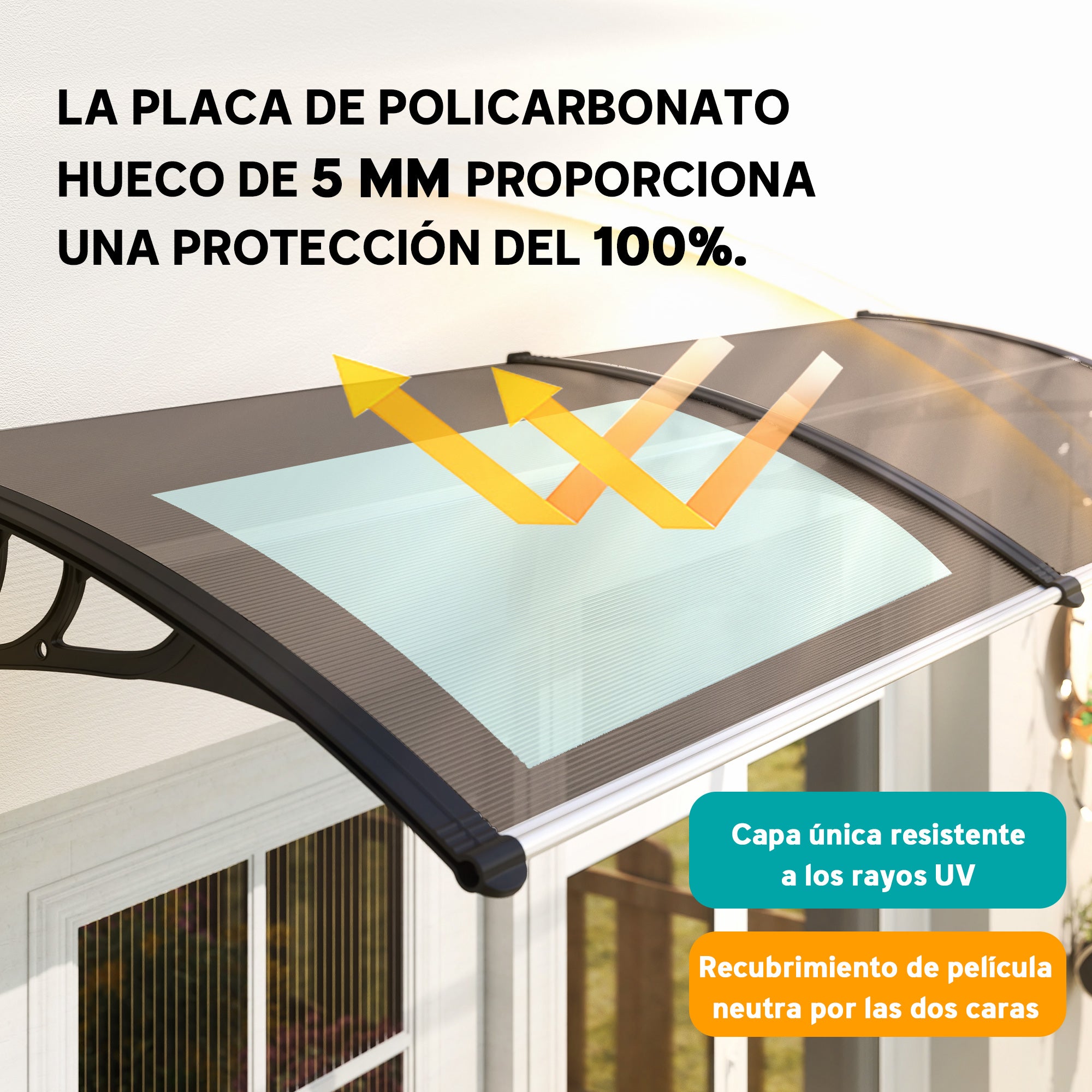 Outsunny Marquesinas Exterior para Puertas y Ventanas, 195x75 cm, Tejadillo de Protección contra Sol y Lluvia, con Cubierta de Policarbonato, Soporte de Aleación de Aluminio, Marrón