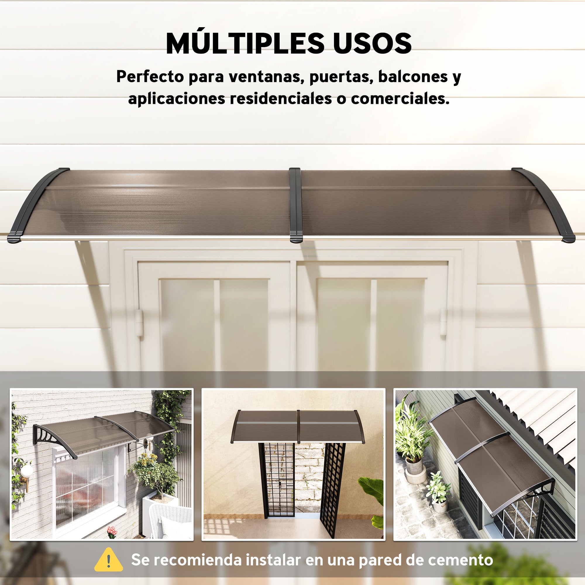 Outsunny Marquesinas Exterior para Puertas y Ventanas, 195x75 cm, Tejadillo de Protección contra Sol y Lluvia, con Cubierta de Policarbonato, Soporte de Aleación de Aluminio, Marrón