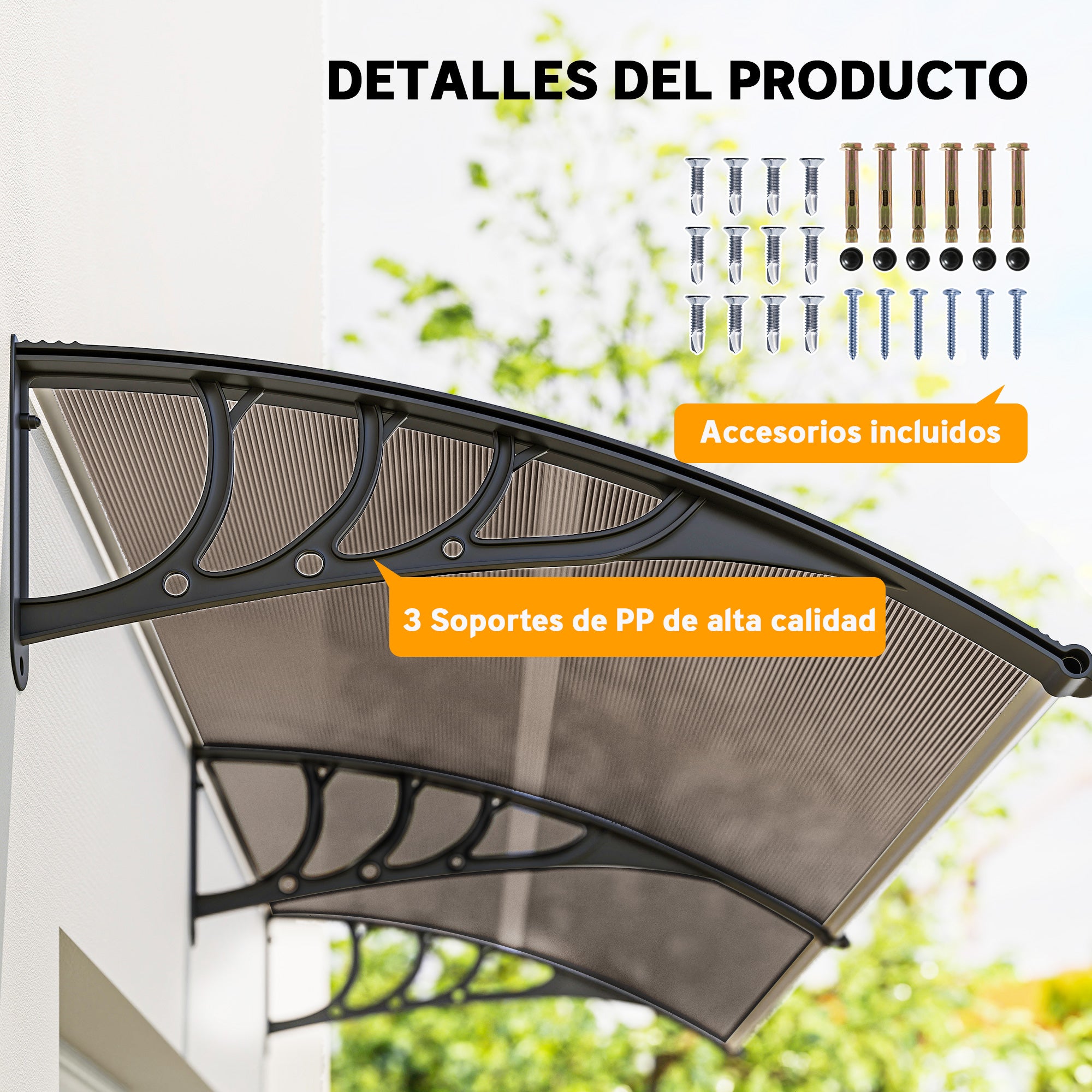 Outsunny Marquesinas Exterior para Puertas y Ventanas, 195x75 cm, Tejadillo de Protección contra Sol y Lluvia, con Cubierta de Policarbonato, Soporte de Aleación de Aluminio, Marrón