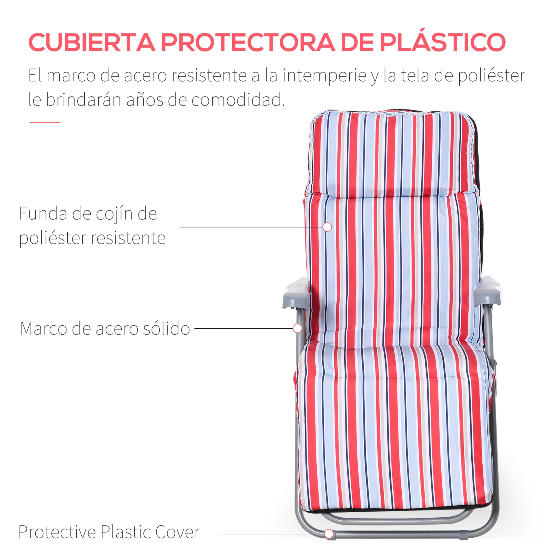 Outsunny Pack de 2 Tumbonas Plegables Tumbonas de Jardín Exterior con Cojín Acolchado, Respaldo Ajustable en 5 Posiciones, Reposapiés y Marco de Acero, 60x75x65-102 cm, Rayas Rojo