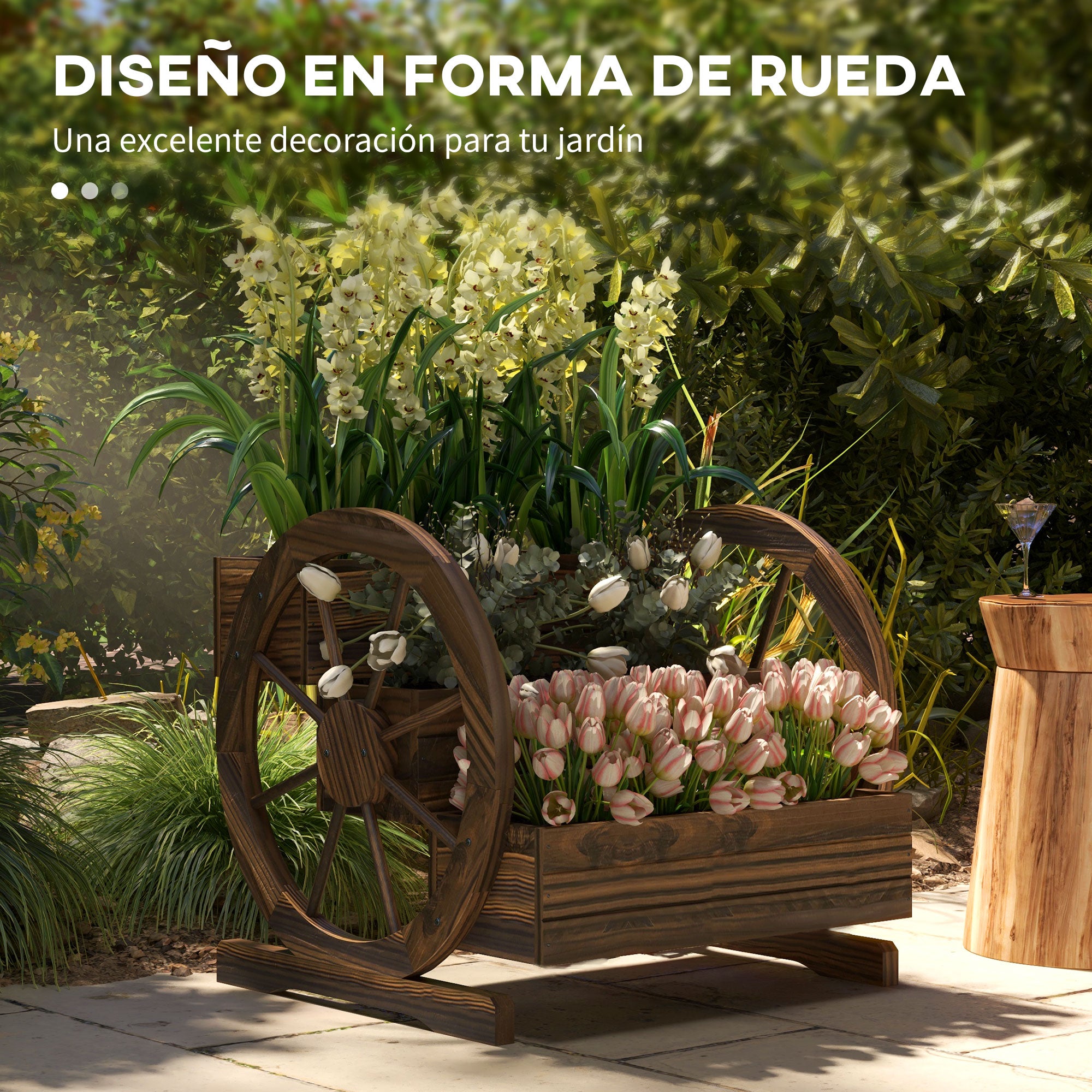 Outsunny Jardinera de Madera Macetero Exterior de 3 Niveles Diseño de Escalera y Forma de Ruedas Orificios de Drenaje Huerto Urbano Cultivos Plantas Flores en Terraza Jardín 61x62x57 cm Carbonizado
