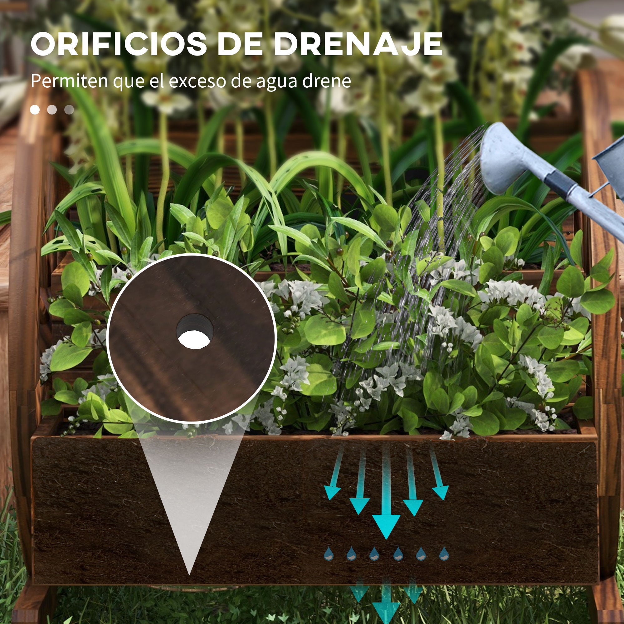 Outsunny Jardinera de Madera Macetero Exterior de 3 Niveles Diseño de Escalera y Forma de Ruedas Orificios de Drenaje Huerto Urbano Cultivos Plantas Flores en Terraza Jardín 61x62x57 cm Carbonizado