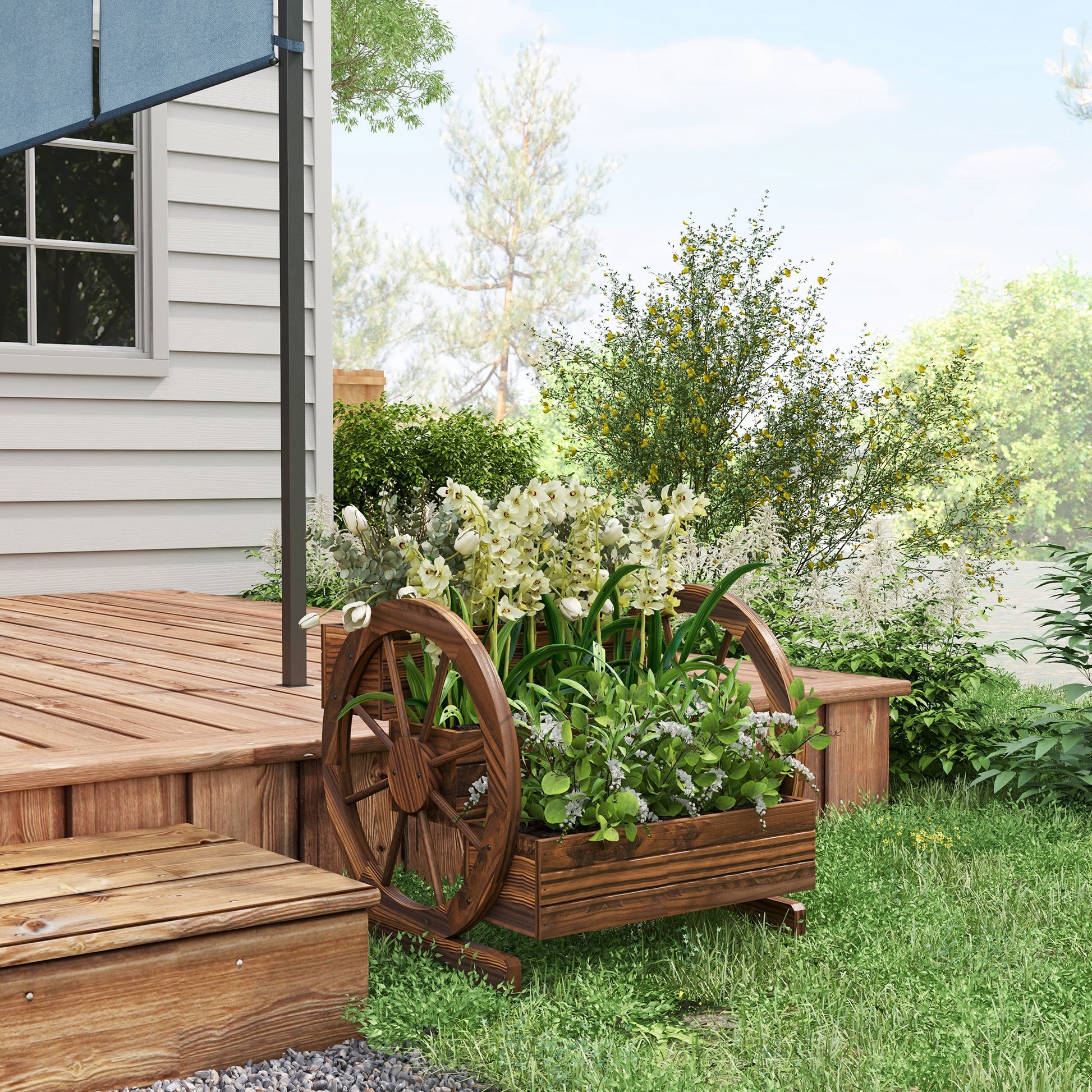 Outsunny Jardinera de Madera Macetero Exterior de 3 Niveles Diseño de Escalera y Forma de Ruedas Orificios de Drenaje Huerto Urbano Cultivos Plantas Flores en Terraza Jardín 61x62x57 cm Carbonizado