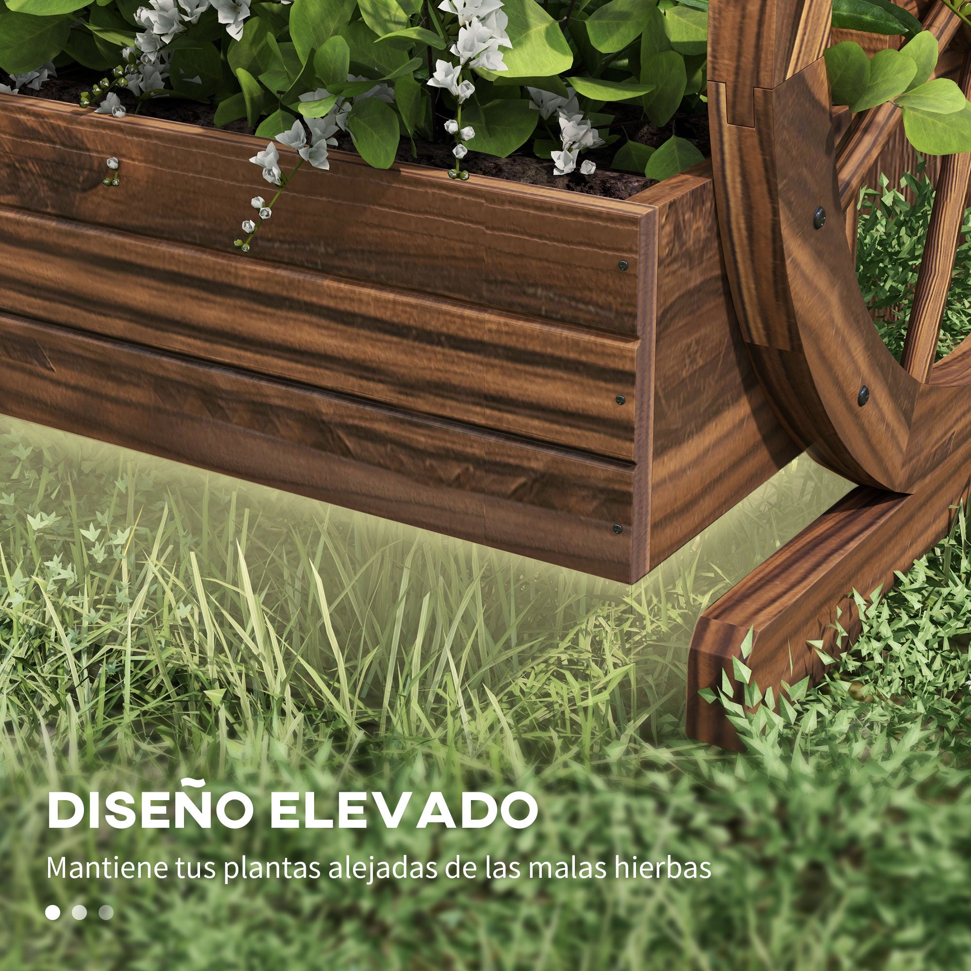 Outsunny Jardinera de Madera Macetero Exterior de 3 Niveles Diseño de Escalera y Forma de Ruedas Orificios de Drenaje Huerto Urbano Cultivos Plantas Flores en Terraza Jardín 61x62x57 cm Carbonizado