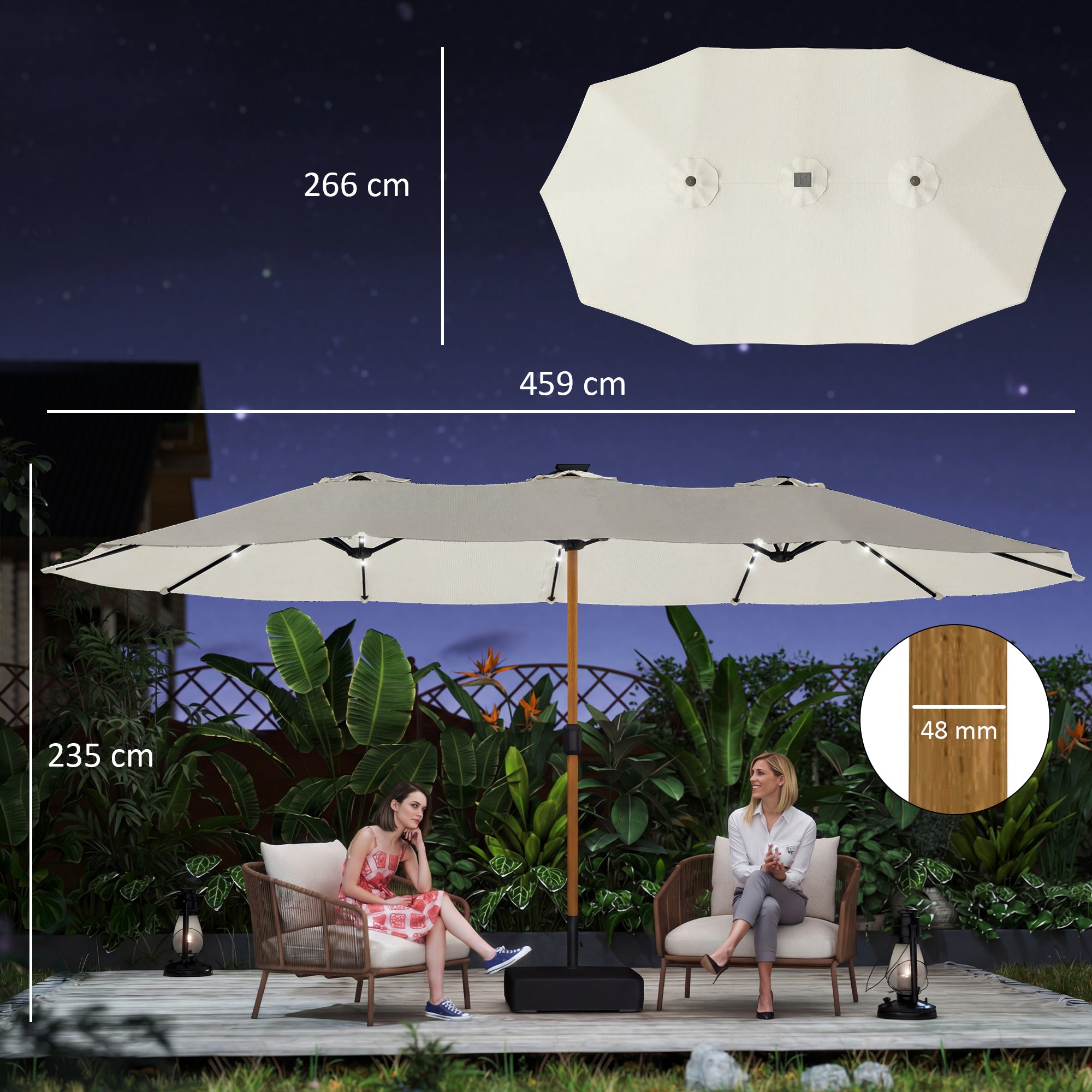 Outsunny Sombrilla Doble con 48 Luces LED, 4,6x2,6 m, Sombrilla Terraza Exterior con Base Incluida, Manivela, Sacos Arena, Funda, Anti-UV, Resistente al Agua, Parasol para Jardín, Terraza, Crema