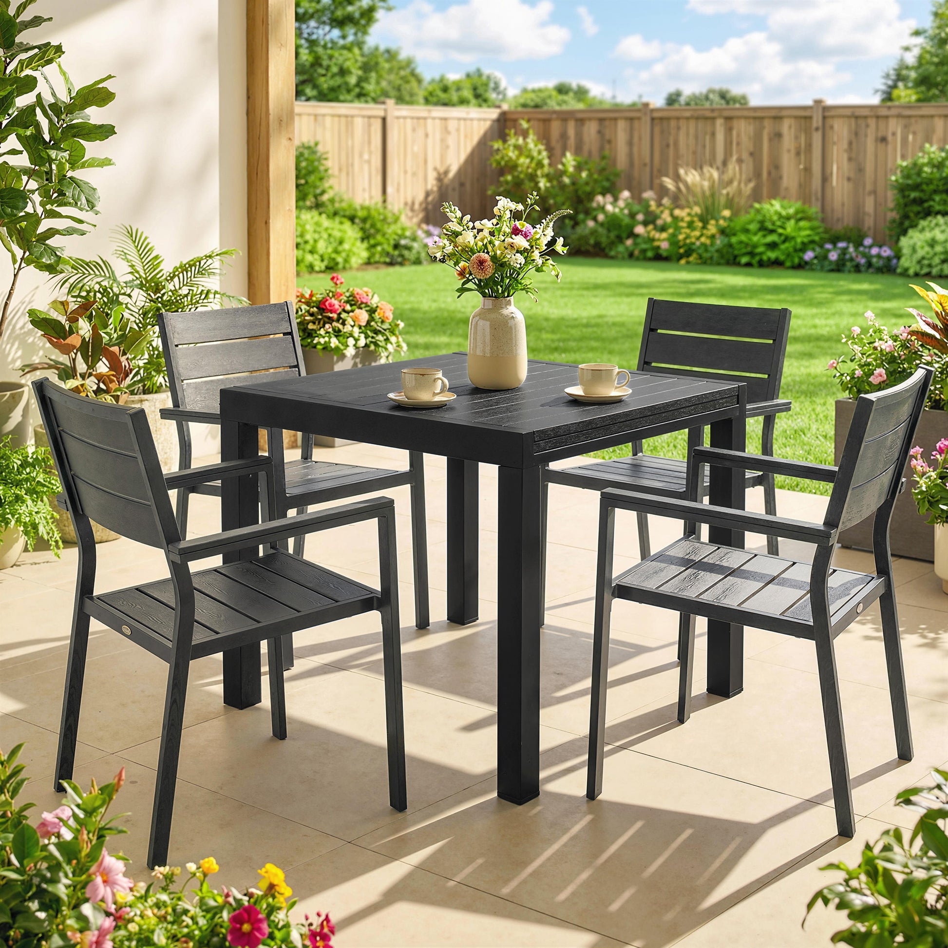 Outsunny Mesa de Jardín Extensible 80/160x80 cm, Mesa de Comedor Exterior Extensible Rectangular de Aluminio, con Superficie de Lamas de Efecto Madera, para 4-6 Personas, para Patio, Terraza, Negro