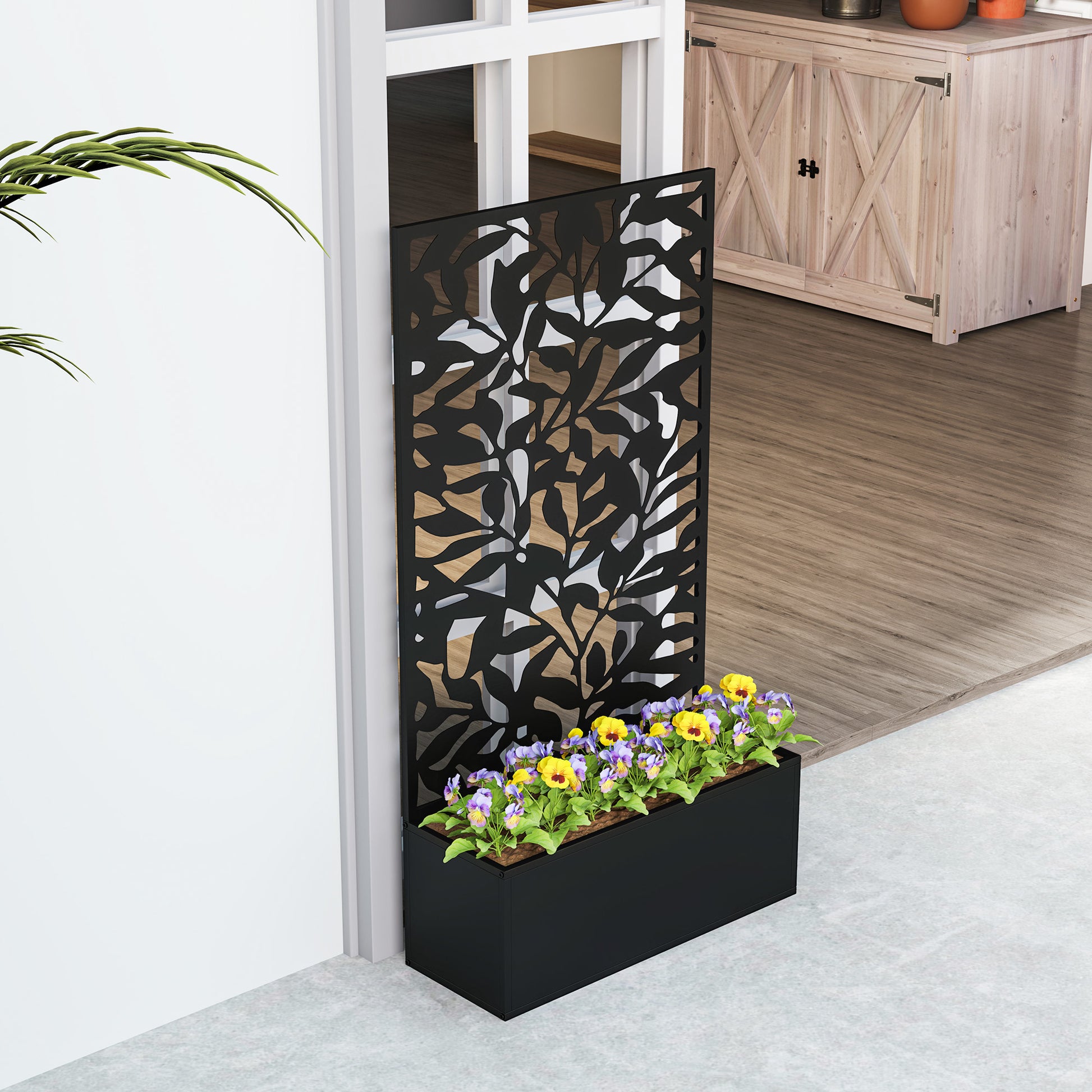 Outsunny Jardinera Exterior Grande de Metal Jardinera con Pantalla de Privacidad de Hojas Sólidas Decorativas Jardinera de Pared o Independiente para Patio Terraza 61x23x113 cm Negro