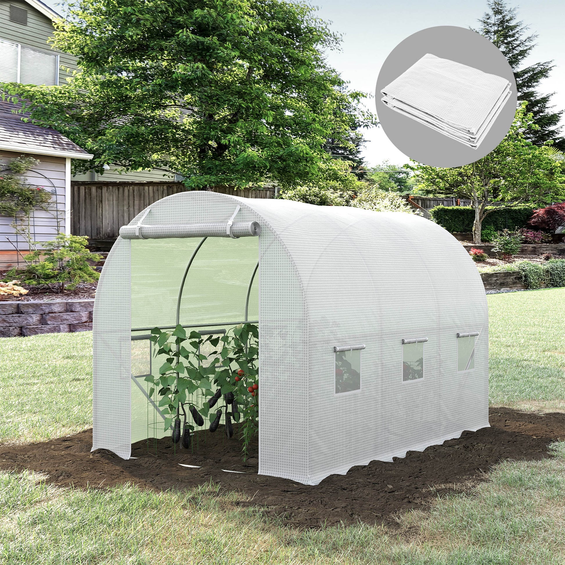 Outsunny Plásticos para Invernaderos 3x2x2 m Cubierta de Repuesto para Invernadero de Polietileno con 6 Ventanas y Puerta Enrollable Protección de Plantas para Jardín Blanco