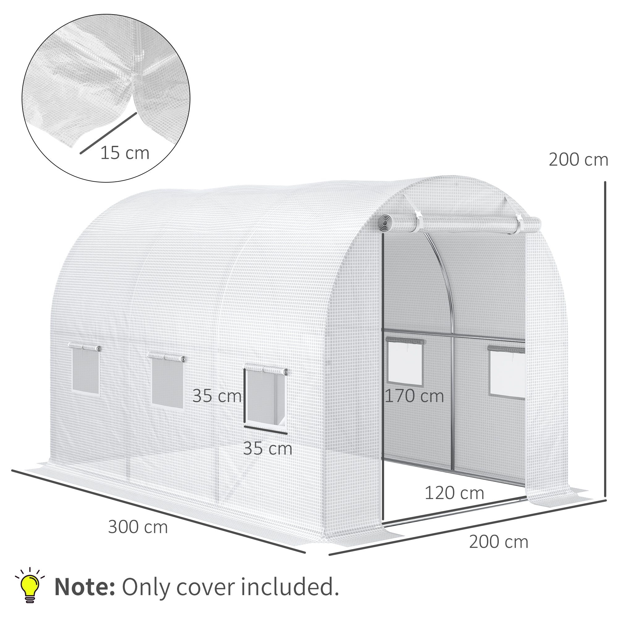 Outsunny Plásticos para Invernaderos 3x2x2 m Cubierta de Repuesto para Invernadero de Polietileno con 6 Ventanas y Puerta Enrollable Protección de Plantas para Jardín Blanco