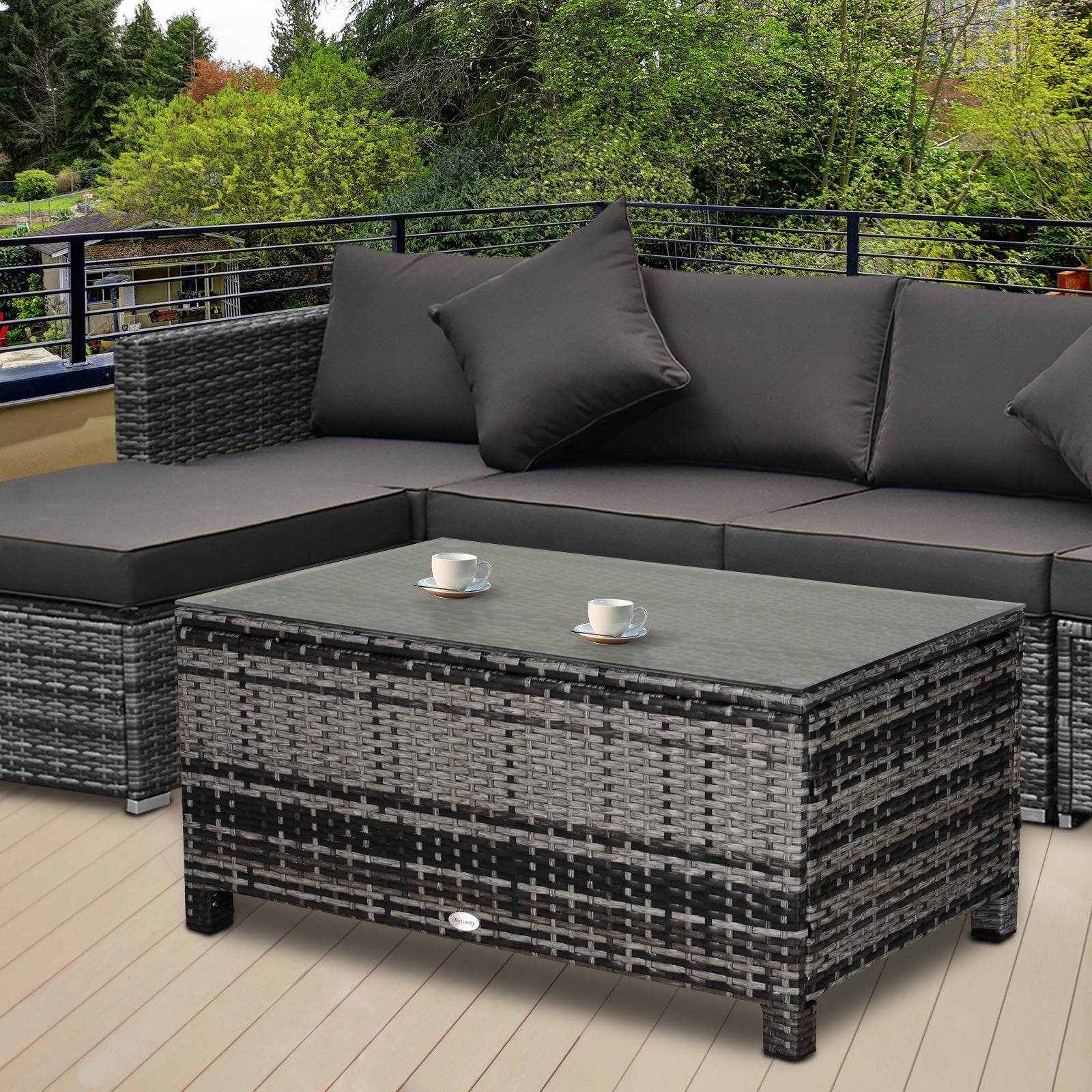 Outsunny Mesa de Jardín de Ratán Sintético Mesita Auxiliar con Vidrio Templado para Terraza Patio Balcón 85x50x39 cm Gris