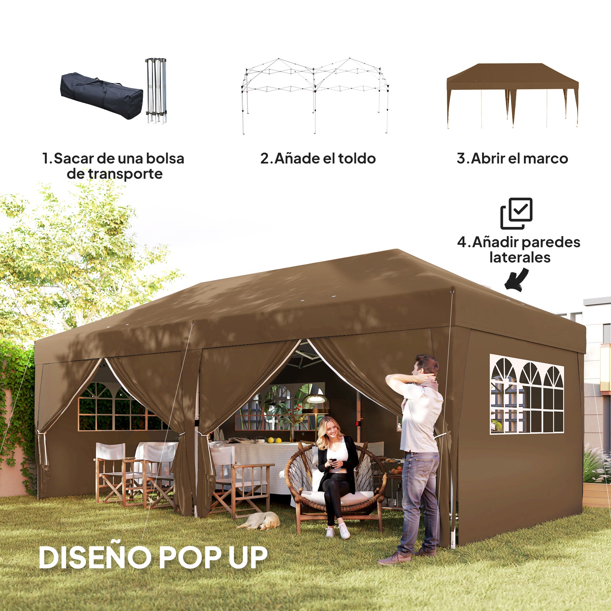 Outsunny Carpa Plegable Gazebo 6x3 m Cenador Plegable con 6 Paredes Laterales Impermeable Anti-UV y Bolsa de Transporte Pabellón de Jardín para Camping Fiestas Café