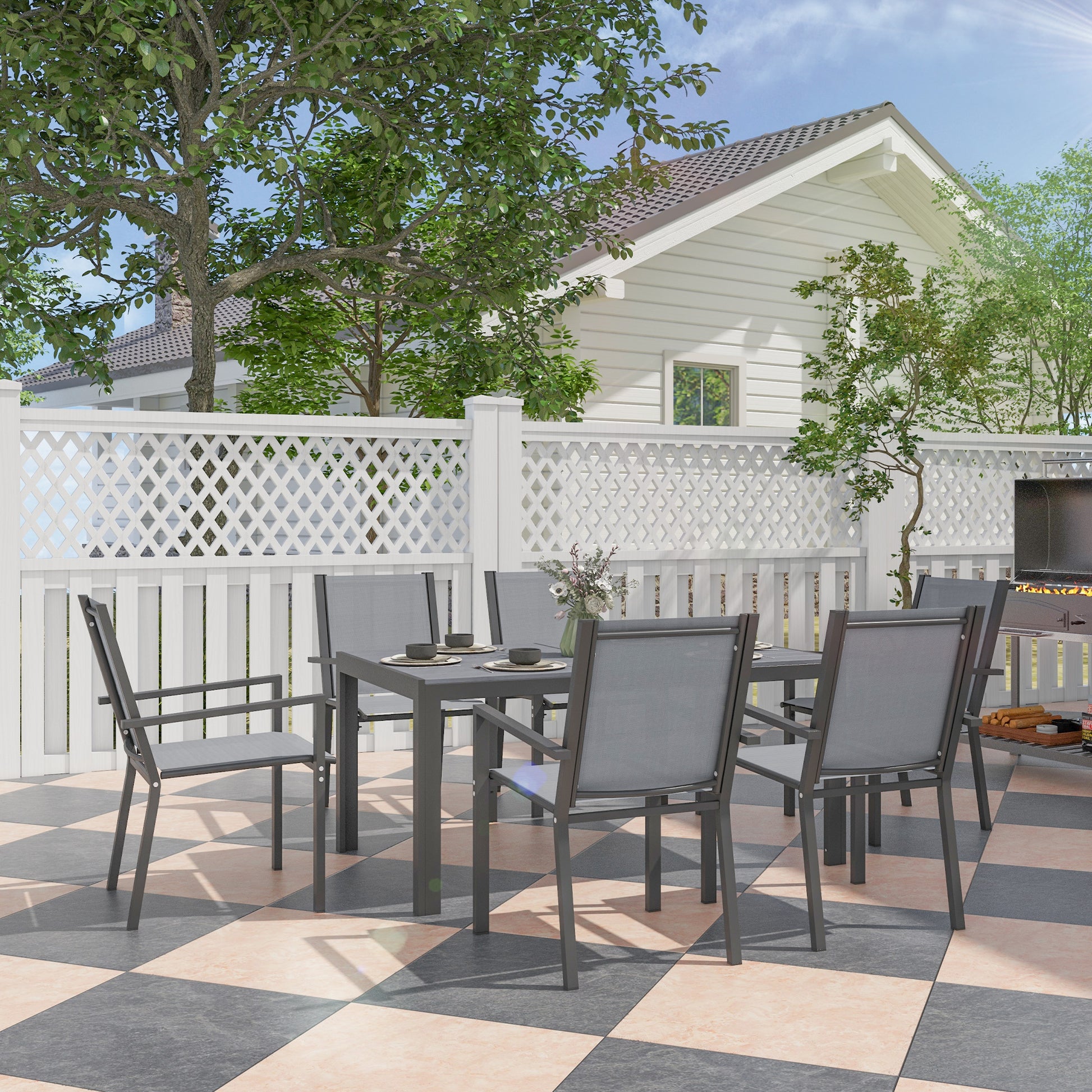 Outsunny Conjunto de Mesa y Sillas Jardín de 7 Piezas, Muebles de Jardín Exterior con 6 Sillas Apilables y Marco de Acero, para Terraza, Patio, Gris Claro
