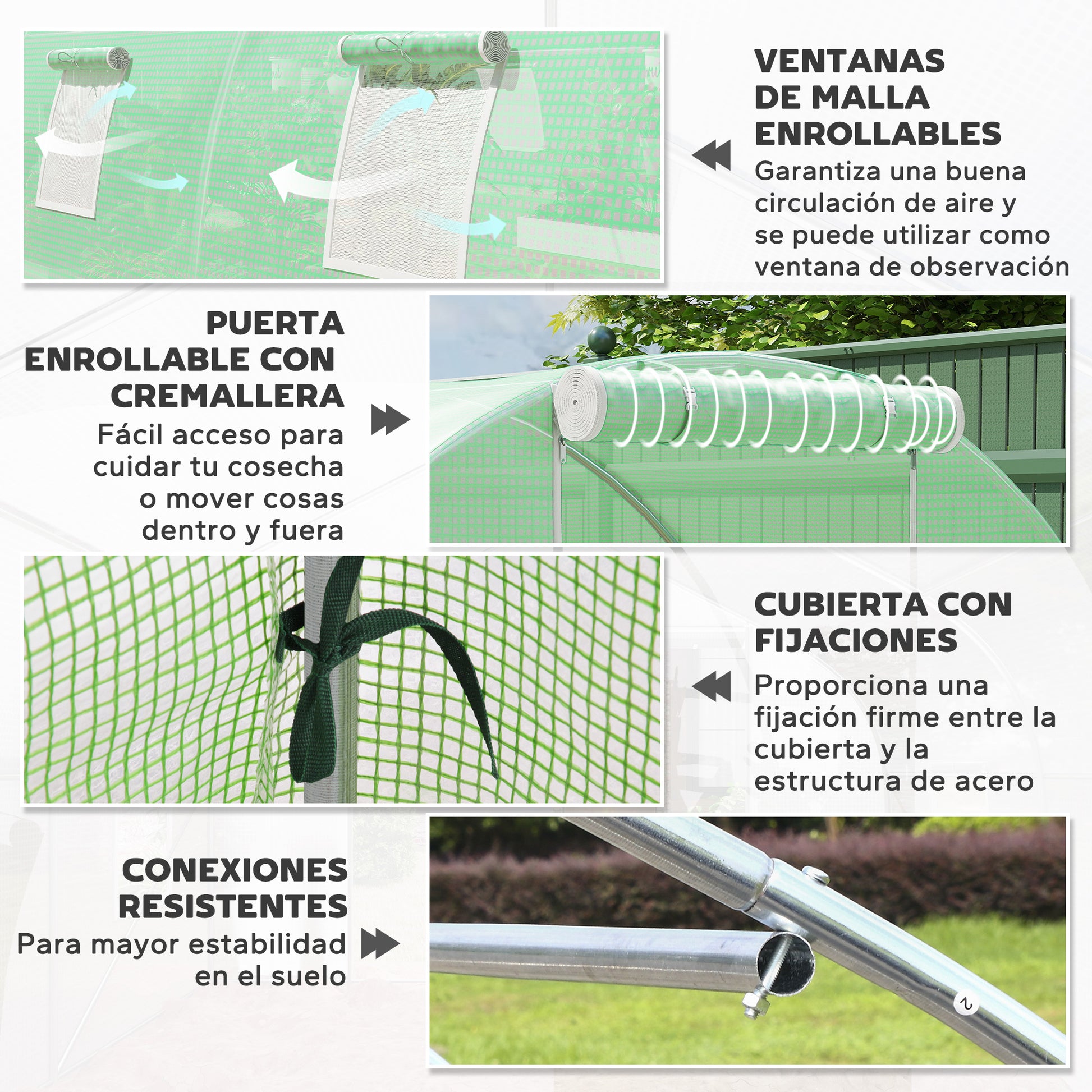Outsunny Invernadero de Exterior 6x3x2 m, Invernadero de Túnel con Puerta Enrollable, 8 Ventanas de Malla, Cubierta PE 140g/m² y Marco de Acero Galvanizado, Anti-UV, Impermeable, para Cultivos, Verde