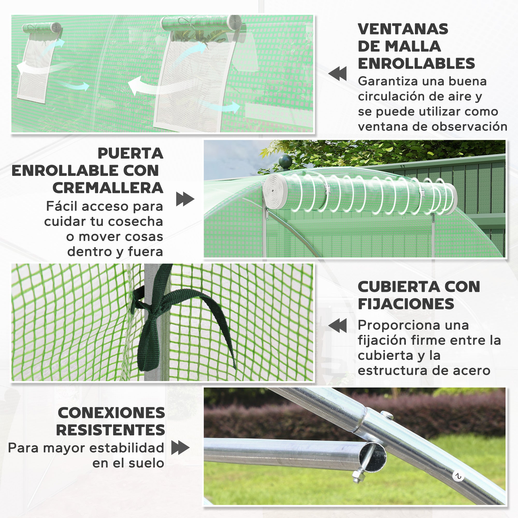 Outsunny Invernadero de Exterior 6x3x2 m, Invernadero de Túnel con Puerta Enrollable, 8 Ventanas de Malla, Cubierta PE 140g/m² y Marco de Acero Galvanizado, Anti-UV, Impermeable, para Cultivos, Verde