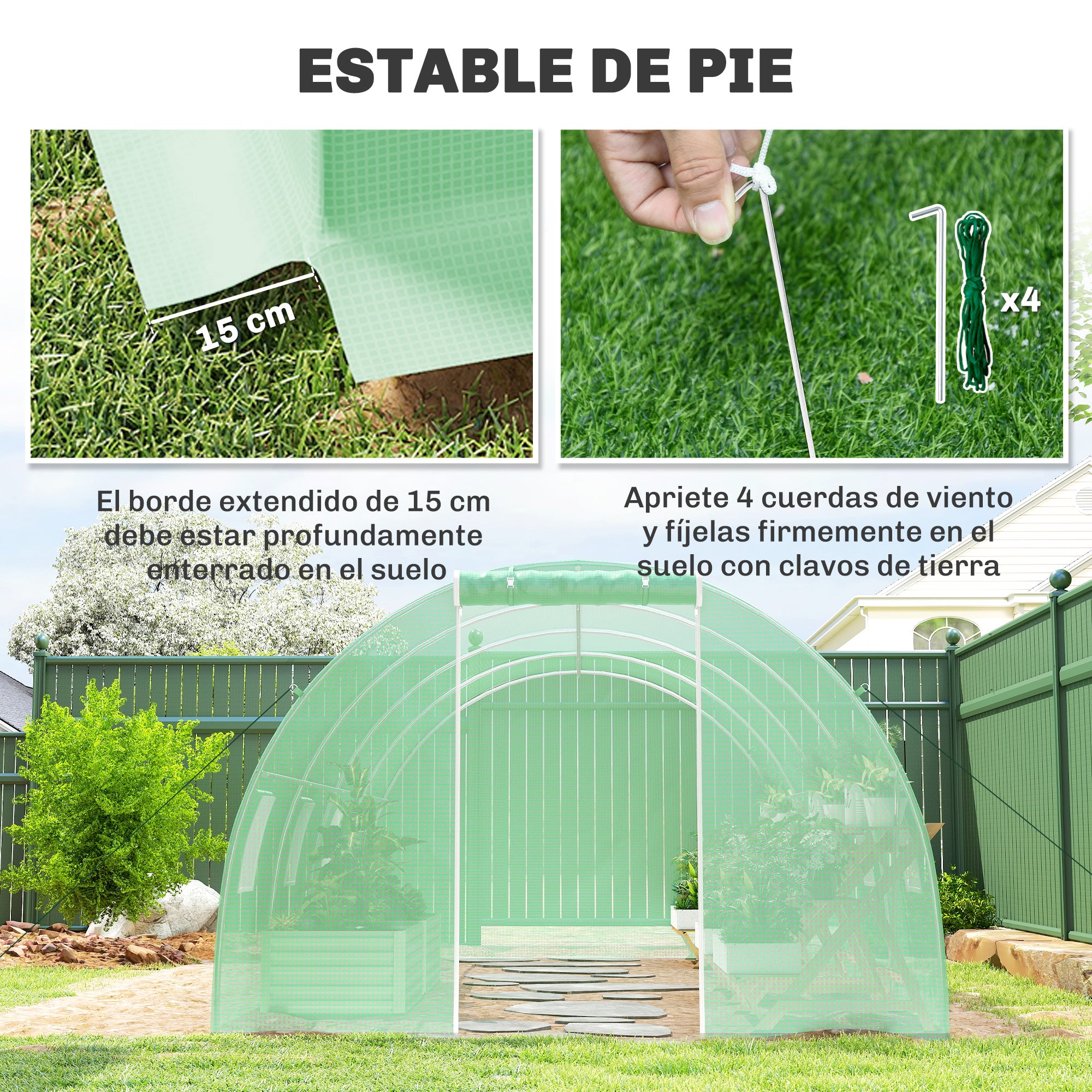 Outsunny Invernadero de Exterior 6x3x2 m, Invernadero de Túnel con Puerta Enrollable, 8 Ventanas de Malla, Cubierta PE 140g/m² y Marco de Acero Galvanizado, Anti-UV, Impermeable, para Cultivos, Verde
