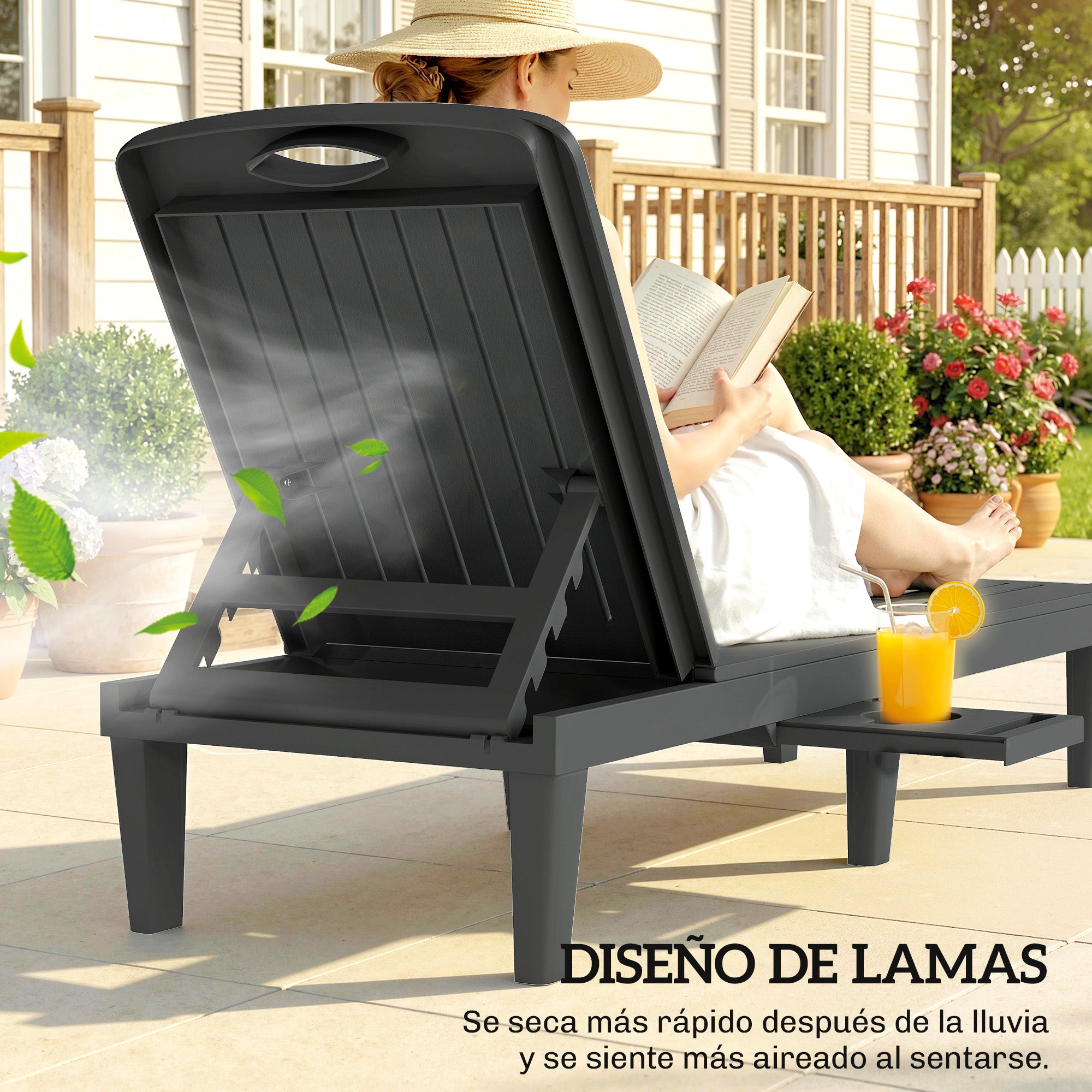 Outsunny Pack de 2 Tumbonas de Jardín Exterior, Tumbonas Reclinables de Plástico PP con Bandeja Lateral, Respaldo Ajustable de 5 Niveles, Resistentes a la Intemperie, para Playa, Piscina, Gris