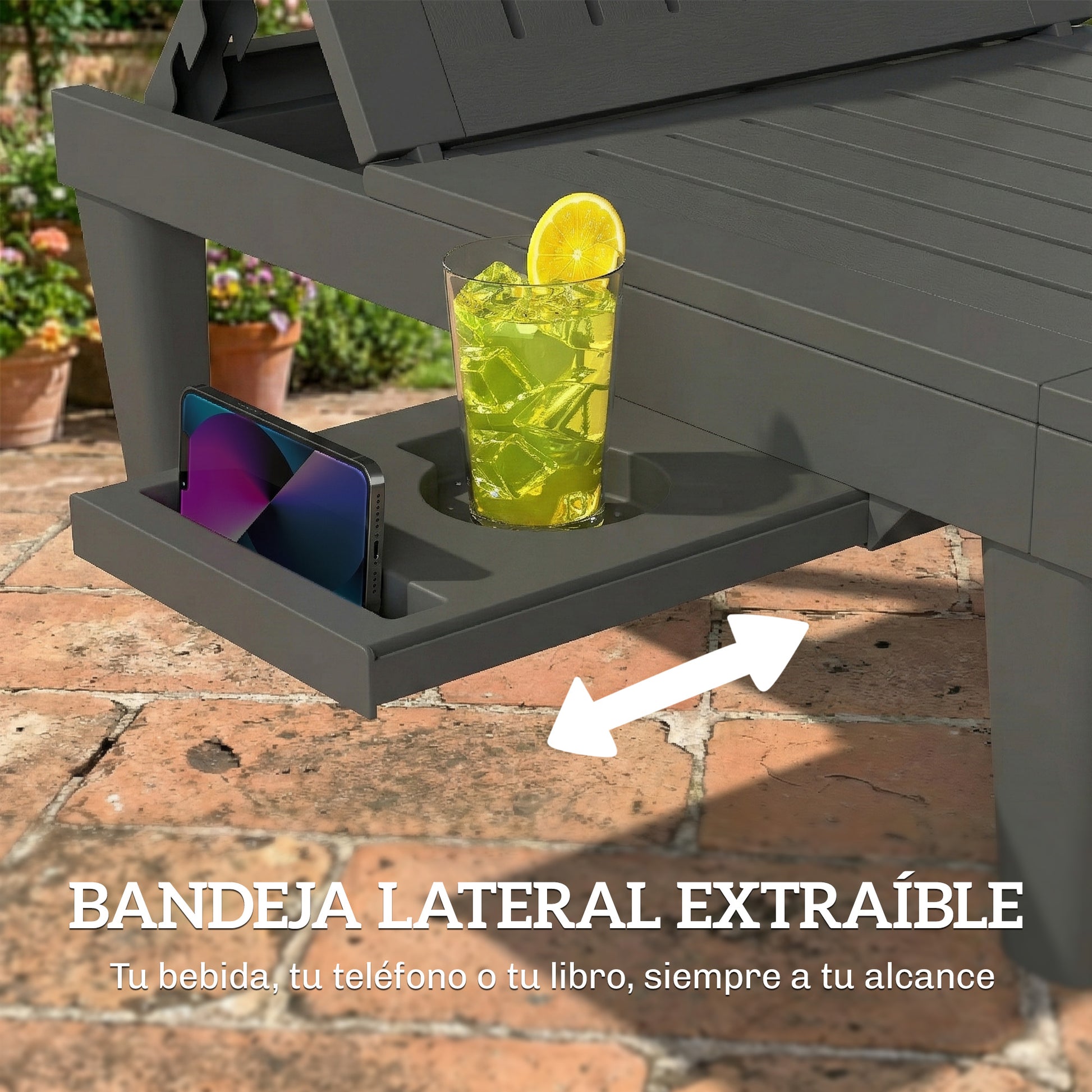 Outsunny Pack de 2 Tumbonas de Jardín Exterior, Tumbonas Reclinables de Plástico PP con Bandeja Lateral, Respaldo Ajustable de 5 Niveles, Resistentes a la Intemperie, para Playa, Piscina, Gris