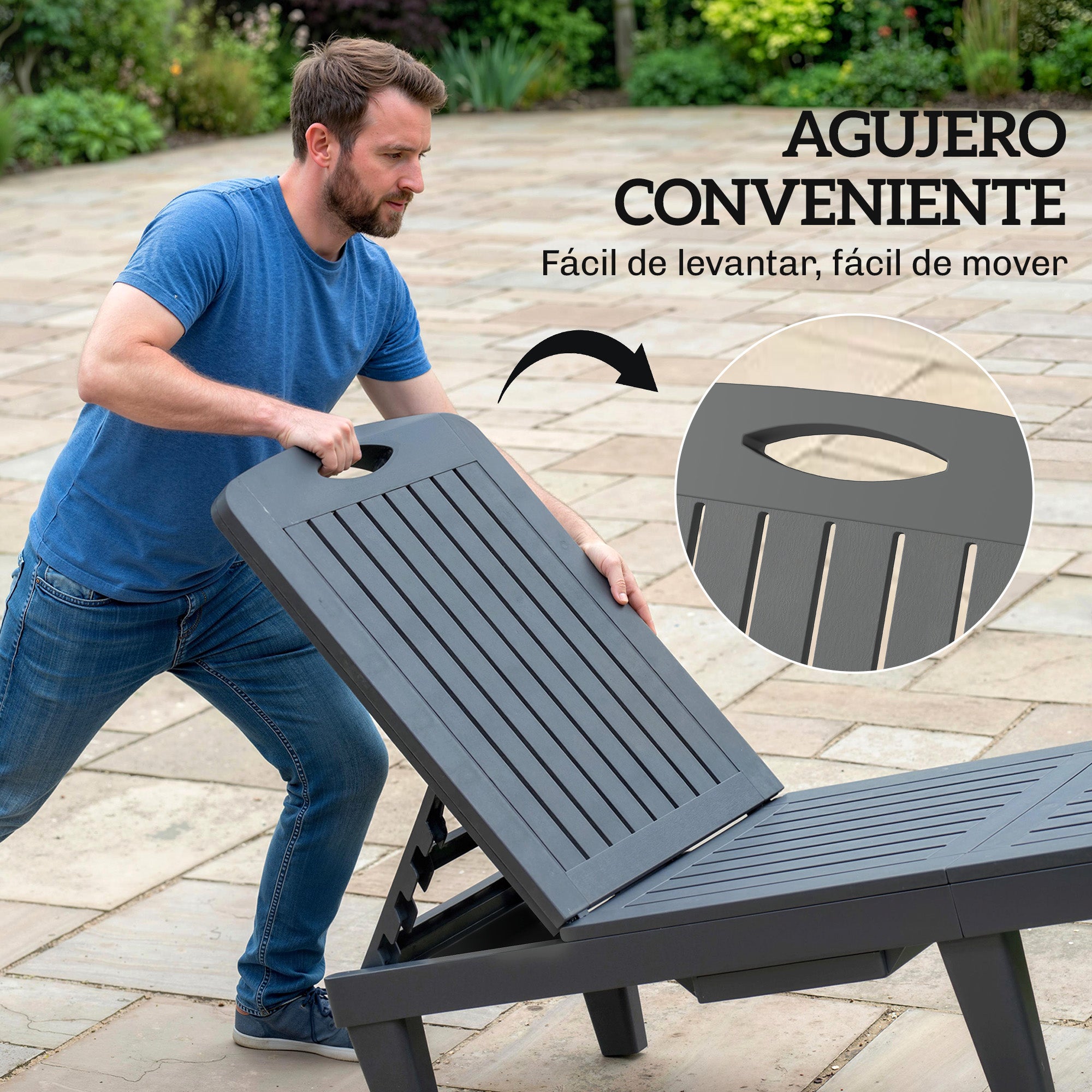 Outsunny Pack de 2 Tumbonas de Jardín Exterior, Tumbonas Reclinables de Plástico PP con Bandeja Lateral, Respaldo Ajustable de 5 Niveles, Resistentes a la Intemperie, para Playa, Piscina, Gris
