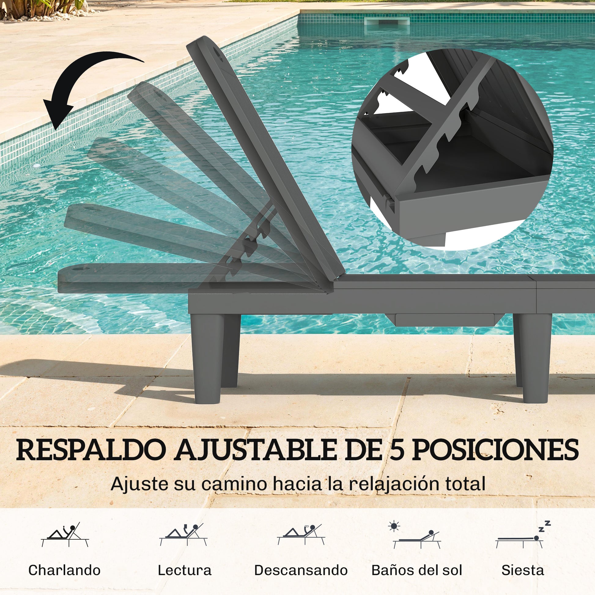 Outsunny Pack de 2 Tumbonas de Jardín Exterior, Tumbonas Reclinables de Plástico PP con Bandeja Lateral, Respaldo Ajustable de 5 Niveles, Resistentes a la Intemperie, para Playa, Piscina, Gris