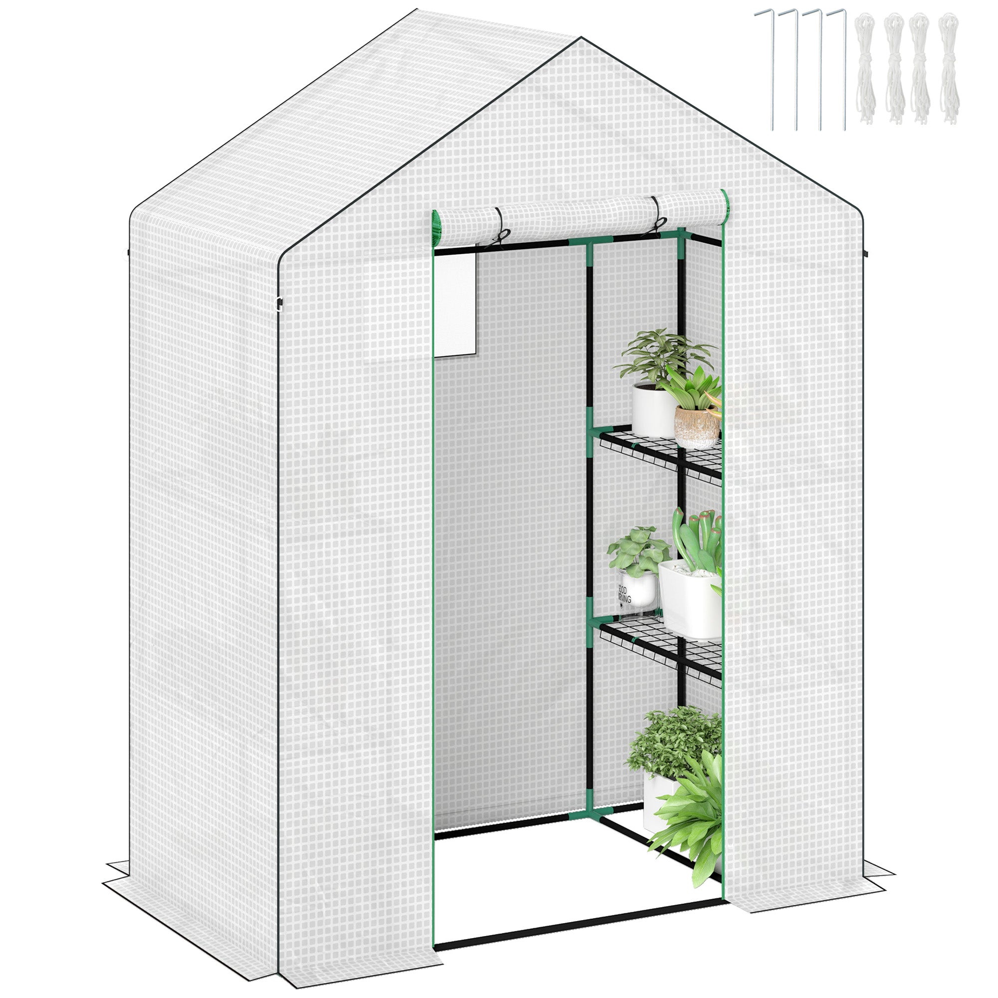 Outsunny Invernadero de Exterior Invernadero Pequeño de 3 Niveles con 6 Estantes Puerta Enrollable Cubierta de PE y Marco de Acero para Cultivos Plantas Flores 143x74x190 cm Blanco