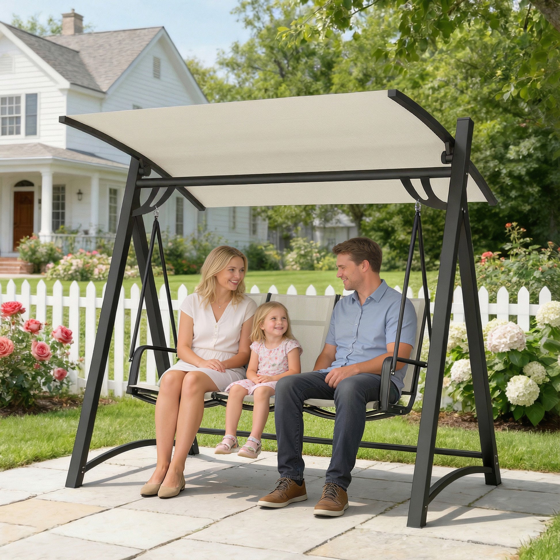 Outsunny Columpio de Jardín de 3 Plazas, Balancín de Jardín Exterior con Techo Ajustable, UPF50+, Asiento Transpirable y Marco de Metal, para Patio, Terraza, Carga 360 kg, 188x130x183 cm, Blanco Crema