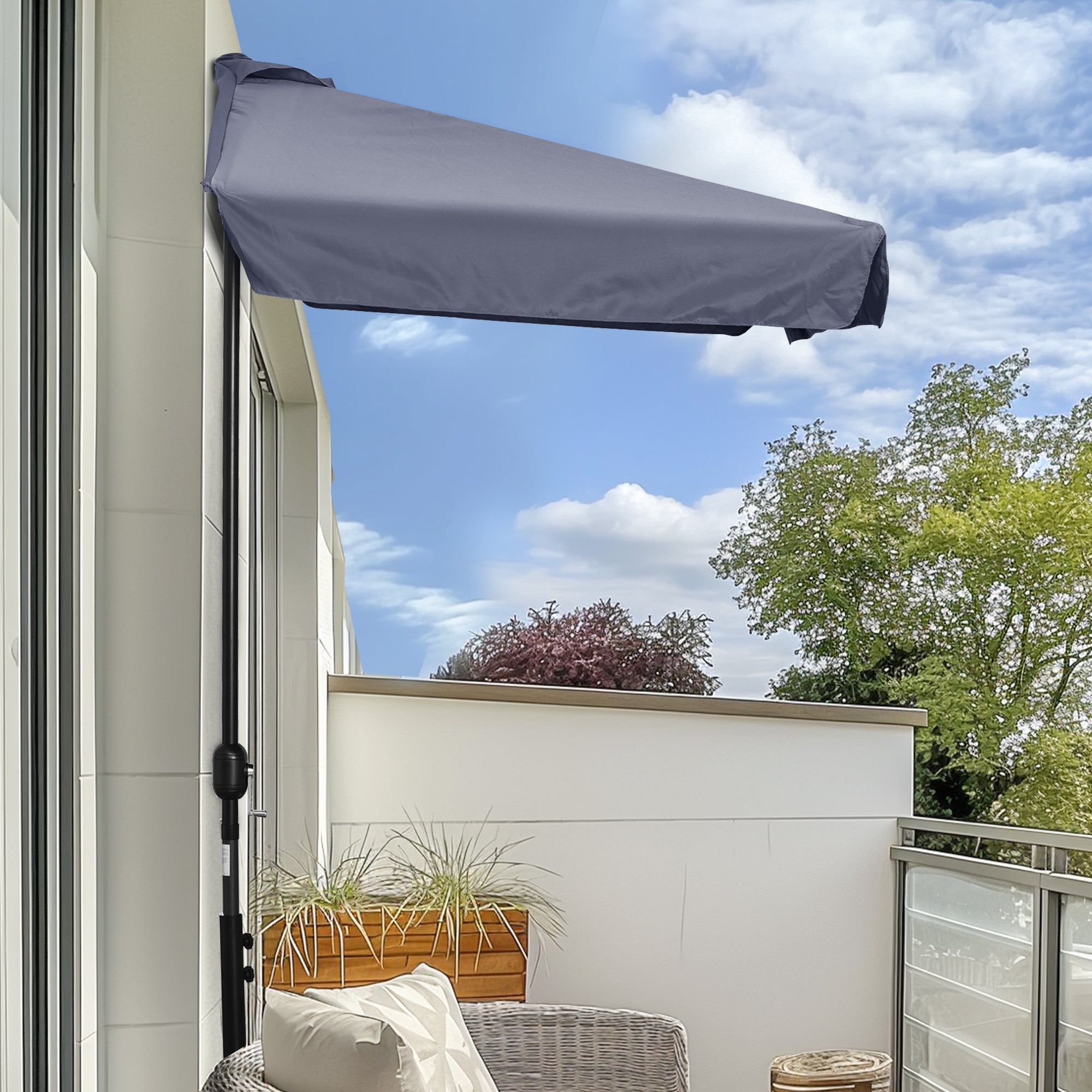 Outsunny Sombrilla Rectangular 230x130x249 cm Parasol para Pared Media Sombrilla con Manivela Protección UV Impermeable Sombrilla para Balcón Terraza Jardín Gris Oscuro