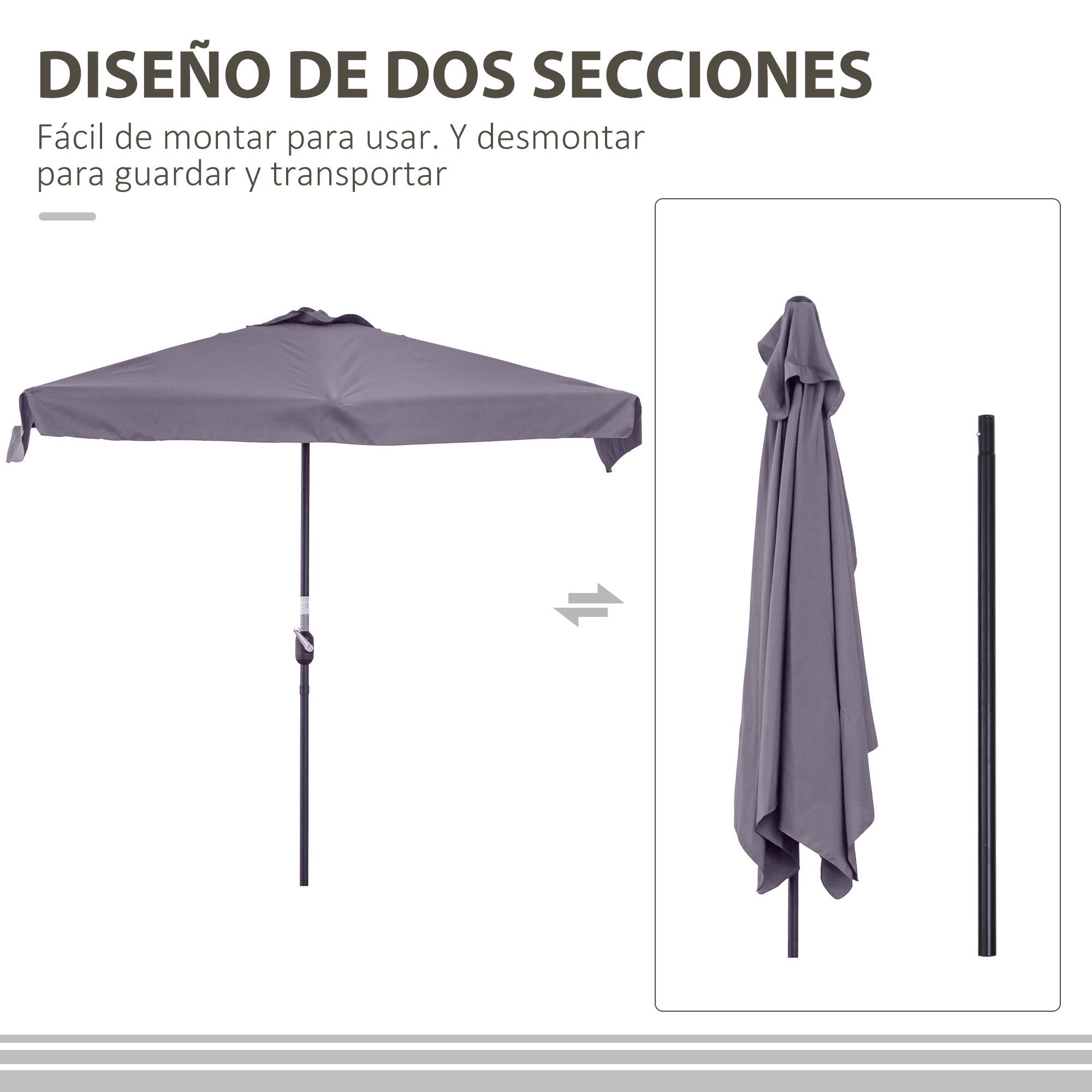 Outsunny Sombrilla Rectangular 230x130x249 cm Parasol para Pared Media Sombrilla con Manivela Protección UV Impermeable Sombrilla para Balcón Terraza Jardín Gris Oscuro