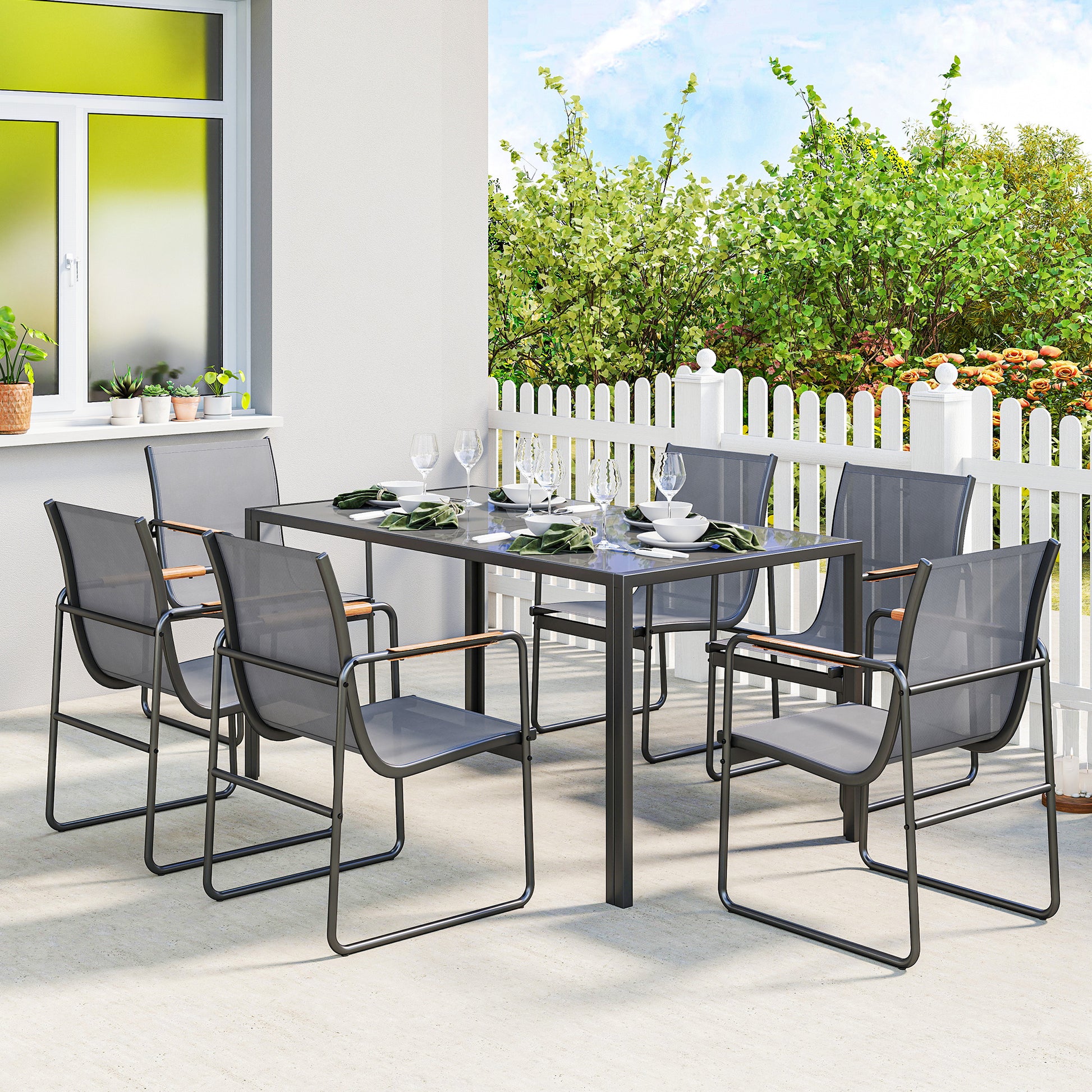 Outsunny Conjunto de Mesa y Sillas Jardín de 7 Piezas, Muebles Jardín Exterior con Mesa de Vidrio Templado, 6 Sillas Transpirables Decorativas, Marco de Acero Resistente a la Intemperie, Gris