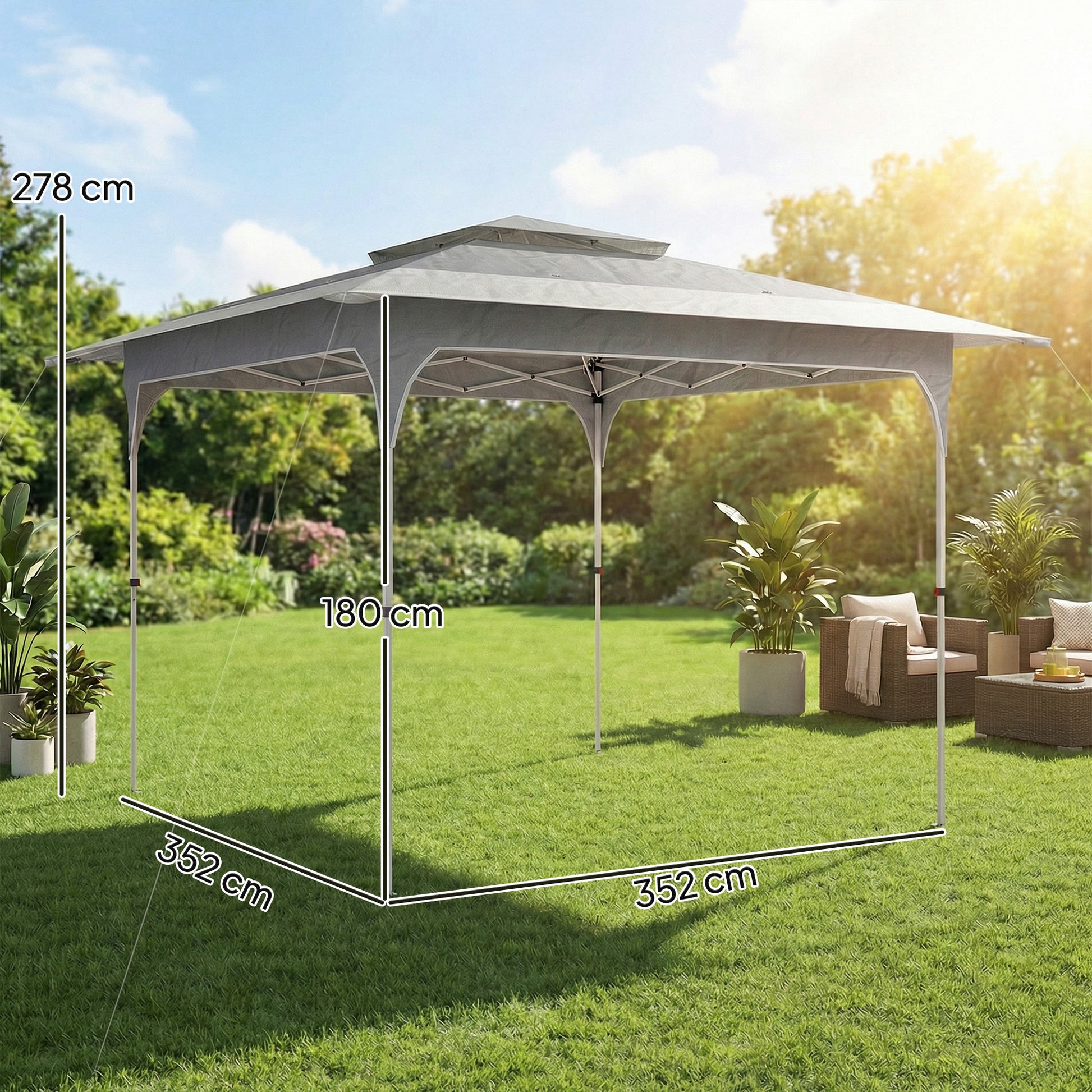 Outsunny Carpa Plegable 3,5x3,5 m, Pop-up, Cenador Pabellón de Jardín con Doble Techo, Cierre Central, UPF50+, Altura Ajustable de 3 Niveles y Bolsa de Transporte, Gazebo para Fiestas, Exterior, Gris