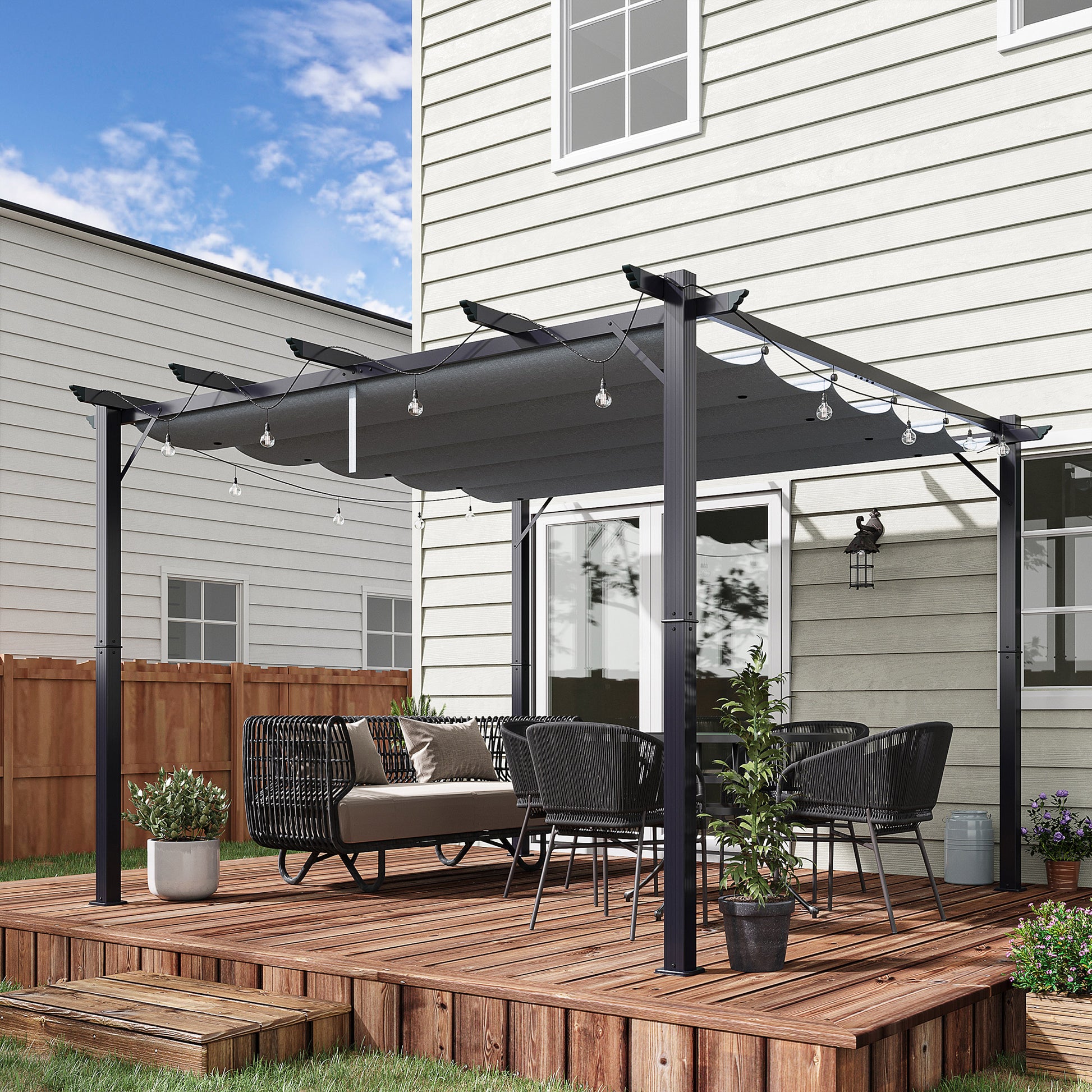 Outsunny Pérgola de Jardín 3x3 m con Techo Retráctil, Cenador de Jardín con Protección UPF30+, Orificios de Drenaje, Estructura de Aluminio, Pabellón para Patio, Terraza, Exterior, Gris Oscuro