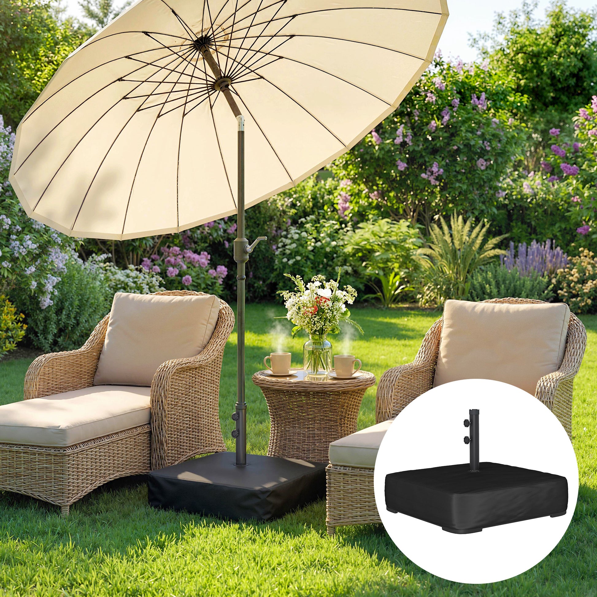 Outsunny Base para Sombrilla Cuadrada con Funda, Soporte de Parasol con Bolsas de Arena, Pie para Sombrilla con Postes Ø48 mm, Rellenable de Arena 80 kg Arena Húmeda 90 kg, para Jardín, Terraza, Negro
