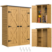 Outsunny Caseta de Jardín de Madera 115x53x156 cm Cobertizo Jardín Exterior Armario Exterior para Herramientas con Puertas Dobles con Pestillo 2 Estantes y Techo Inclinado Fijación con Estacas Marrón