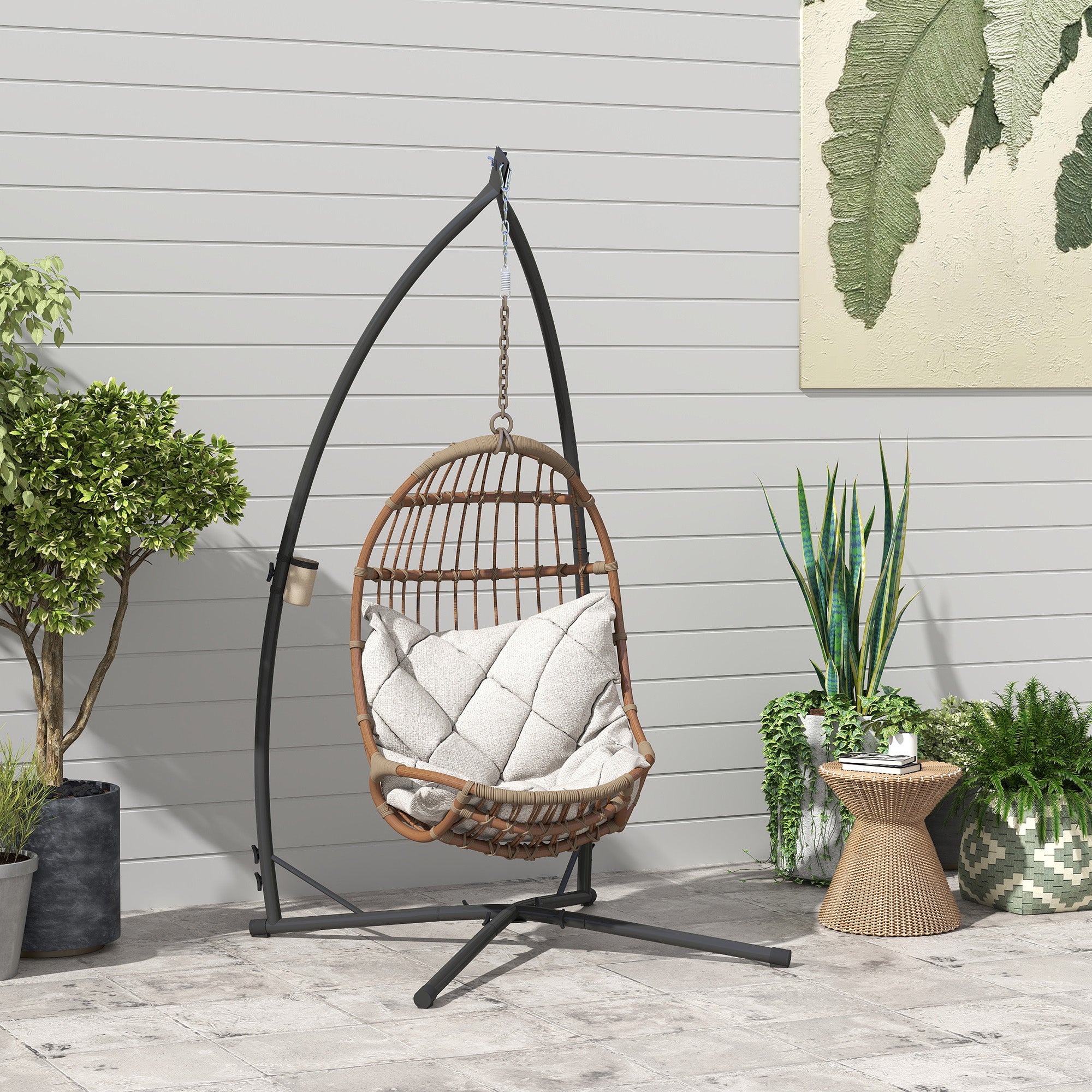 Outsunny Soporte para Silla Colgante de Huevos Altura 215 cm con Estructura de Acero Base Estable y Portavaso Soporte para Silla Columpio para Patio Jardín Balcón Carga 150 kg Negro
