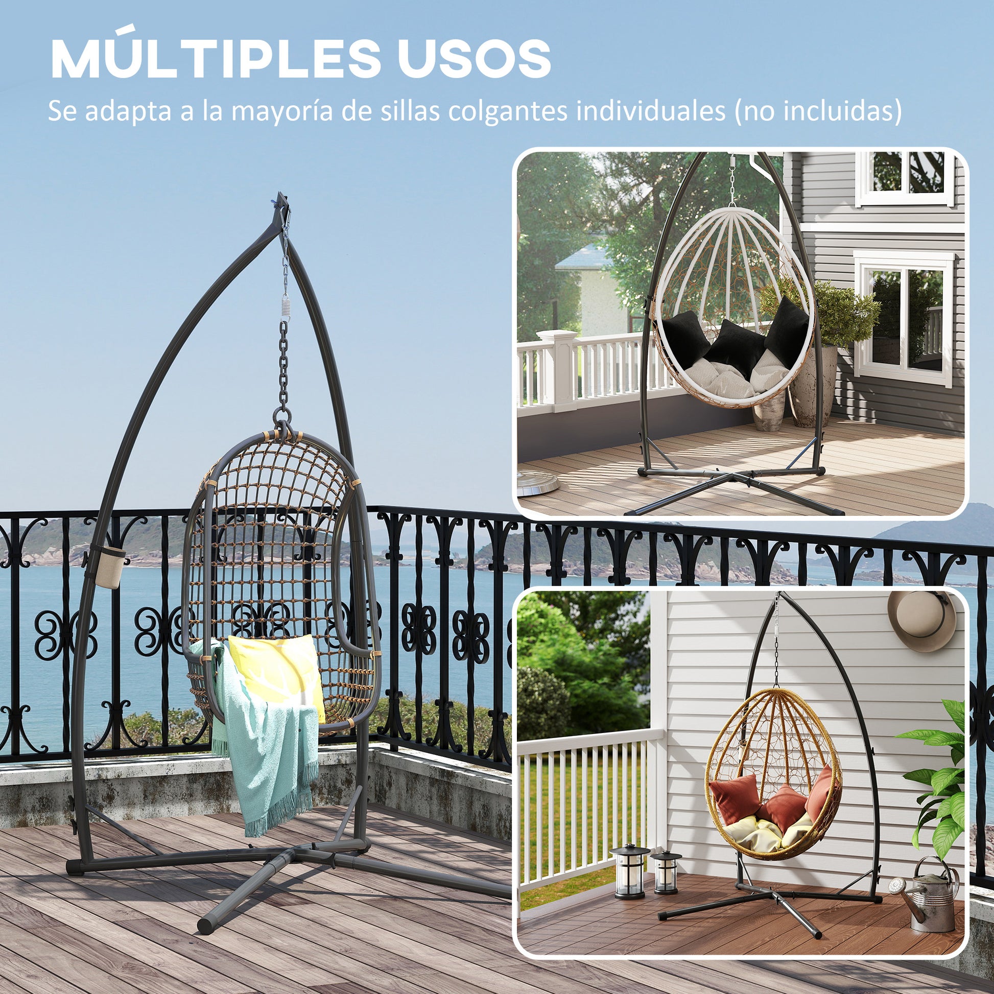 Outsunny Soporte para Silla Colgante de Huevos Altura 215 cm con Estructura de Acero Base Estable y Portavaso Soporte para Silla Columpio para Patio Jardín Balcón Carga 150 kg Negro