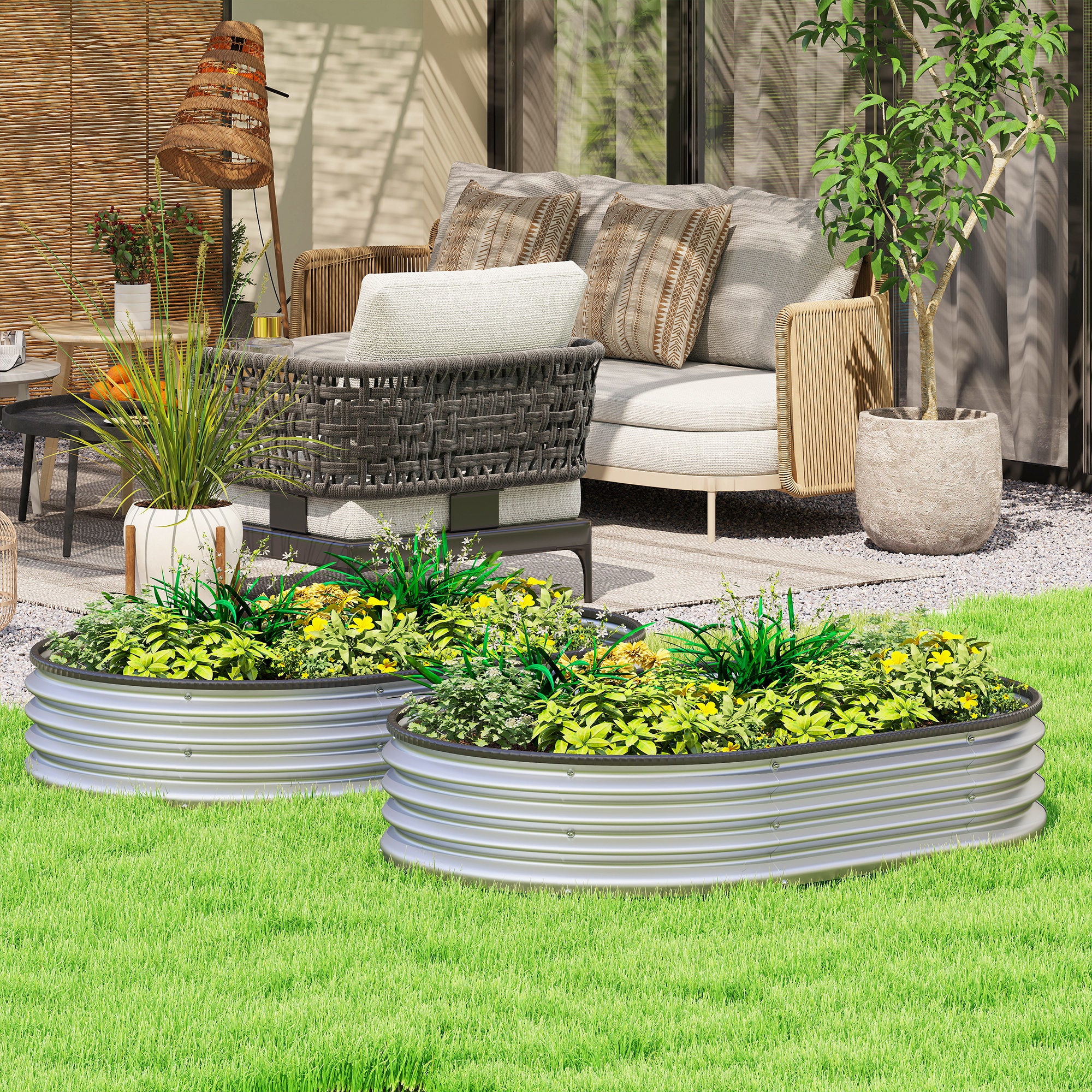 Outsunny Juego de 2 Jardineras Exterior Grandes de Acero Galvanizado, Huertos Urbanos, Maceteros Exterior Modular con Base Abierta para Plantas, Resistente a la Intemperie, 135x90x30 cm, Plateado