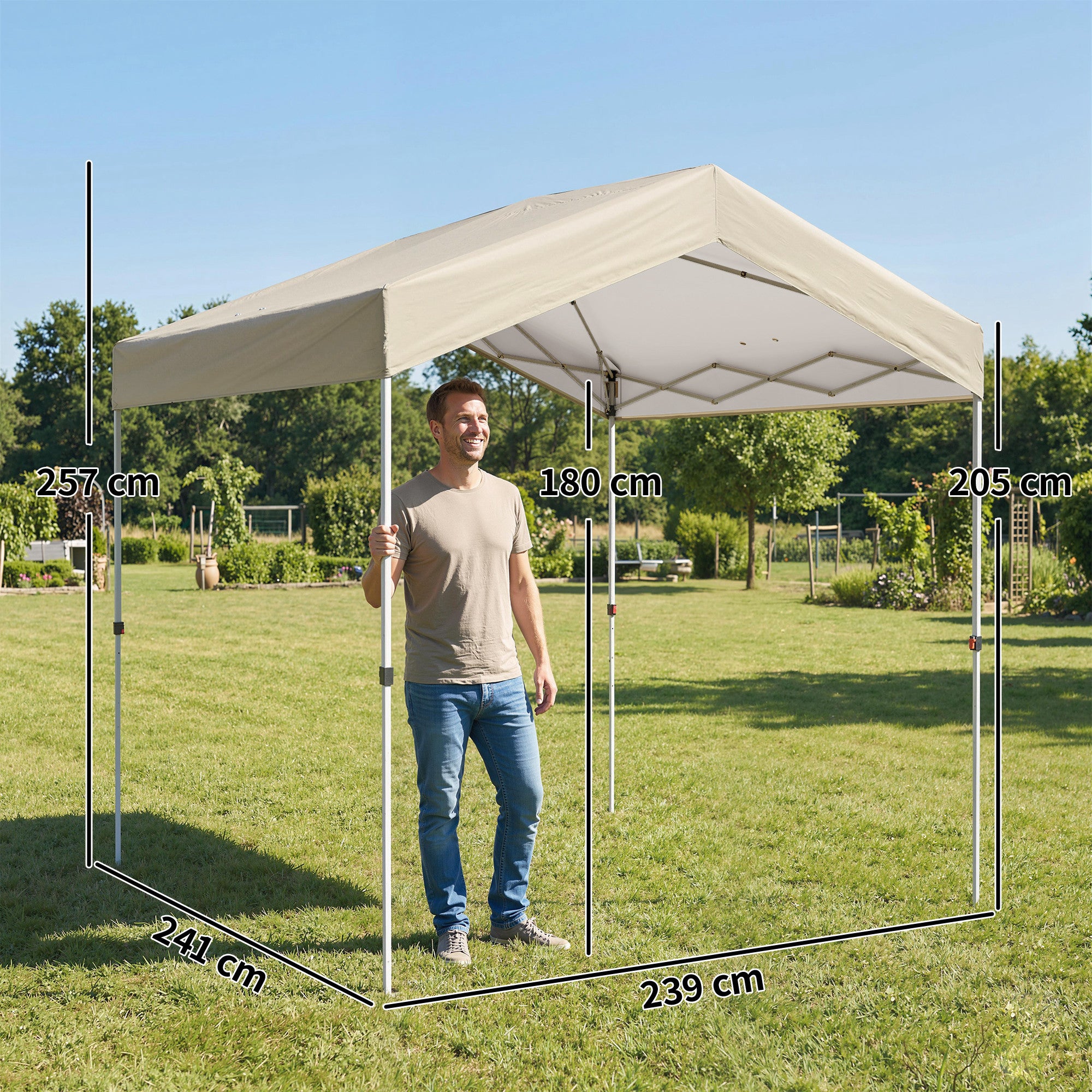 Outsunny Carpa Plegable 2,4x2,4 m, Pop-up, Cenador de Jardín con UPF50+, Bloqueo Central, Altura Ajustable, Bolsa de Transporte, Sacos Arena, Gazebo para Exterior, Beige