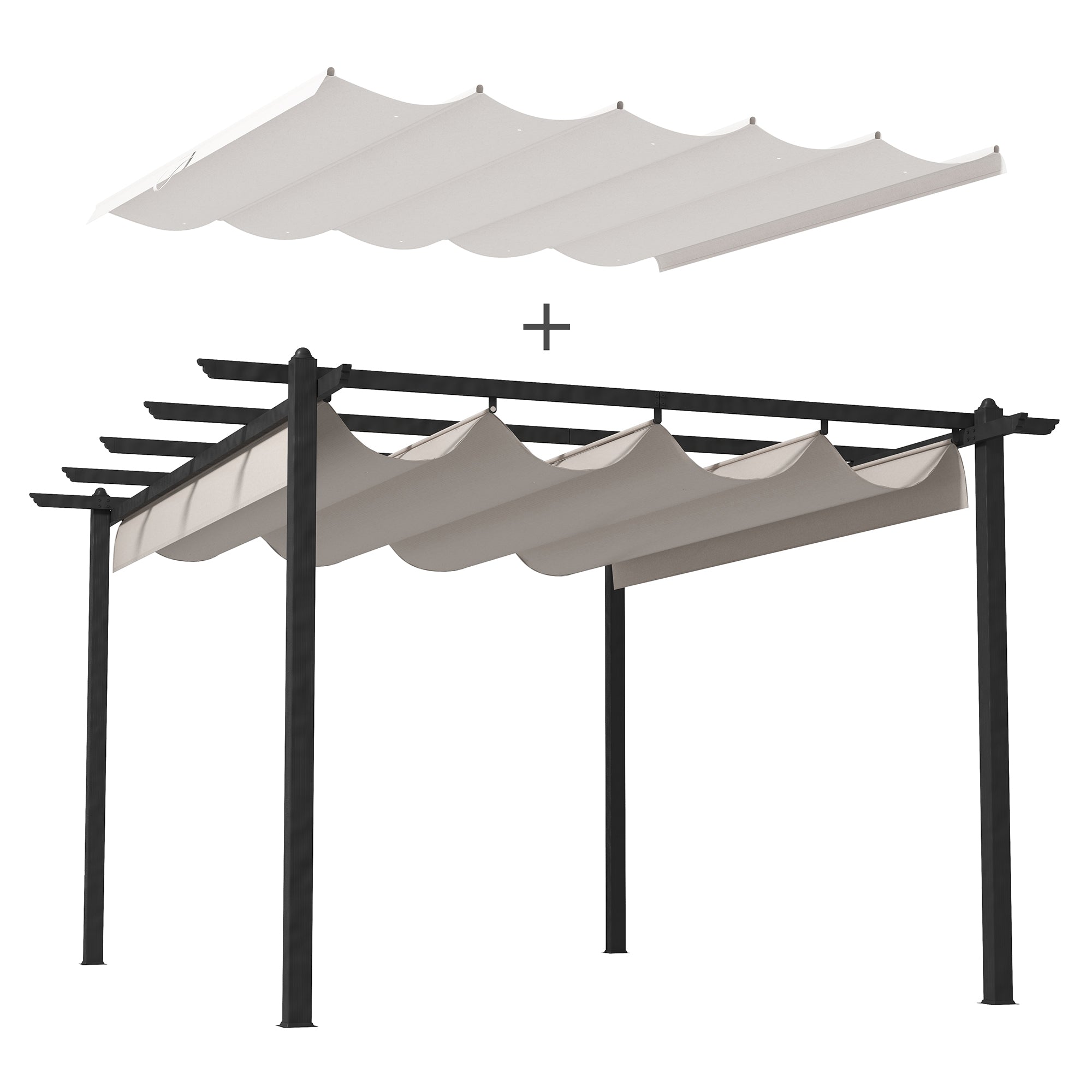 Outsunny Conjunto de Pérgola Incluye 1 Pérgola de Jardín 4x3 m con Techo Retráctil y 1 Cubierta para Pérgola para Patio Terraza Exterior Crema