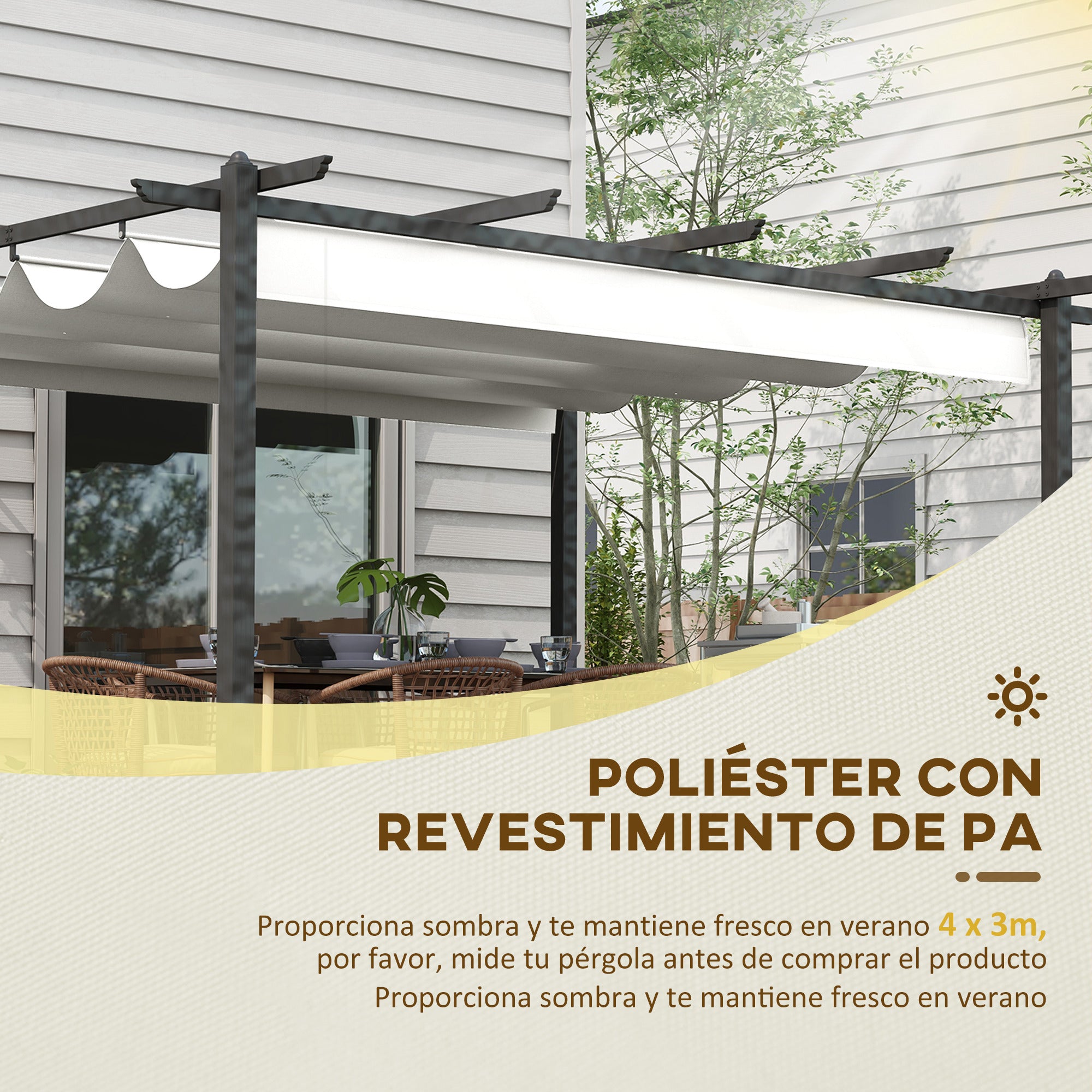 Outsunny Conjunto de Pérgola Incluye 1 Pérgola de Jardín 4x3 m con Techo Retráctil y 1 Cubierta para Pérgola para Patio Terraza Exterior Crema